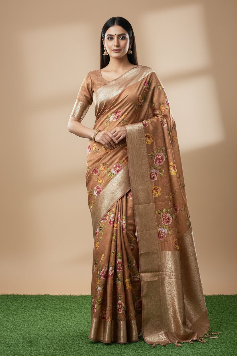 Elegant Brown Georgette Saree with Zari Woven Border