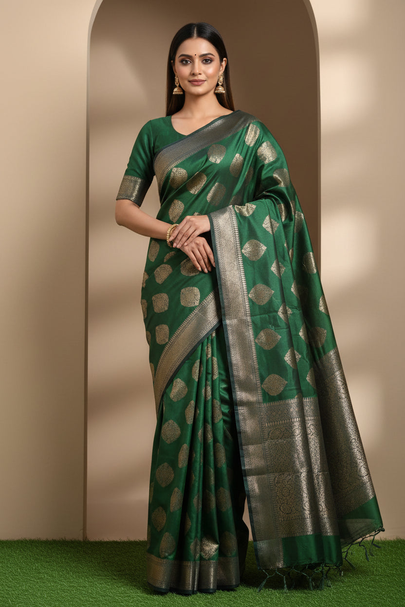 Pure Tussar Silk Bright Bottle Green Saree with Black Zari Woven Border and Brocade Blouse
