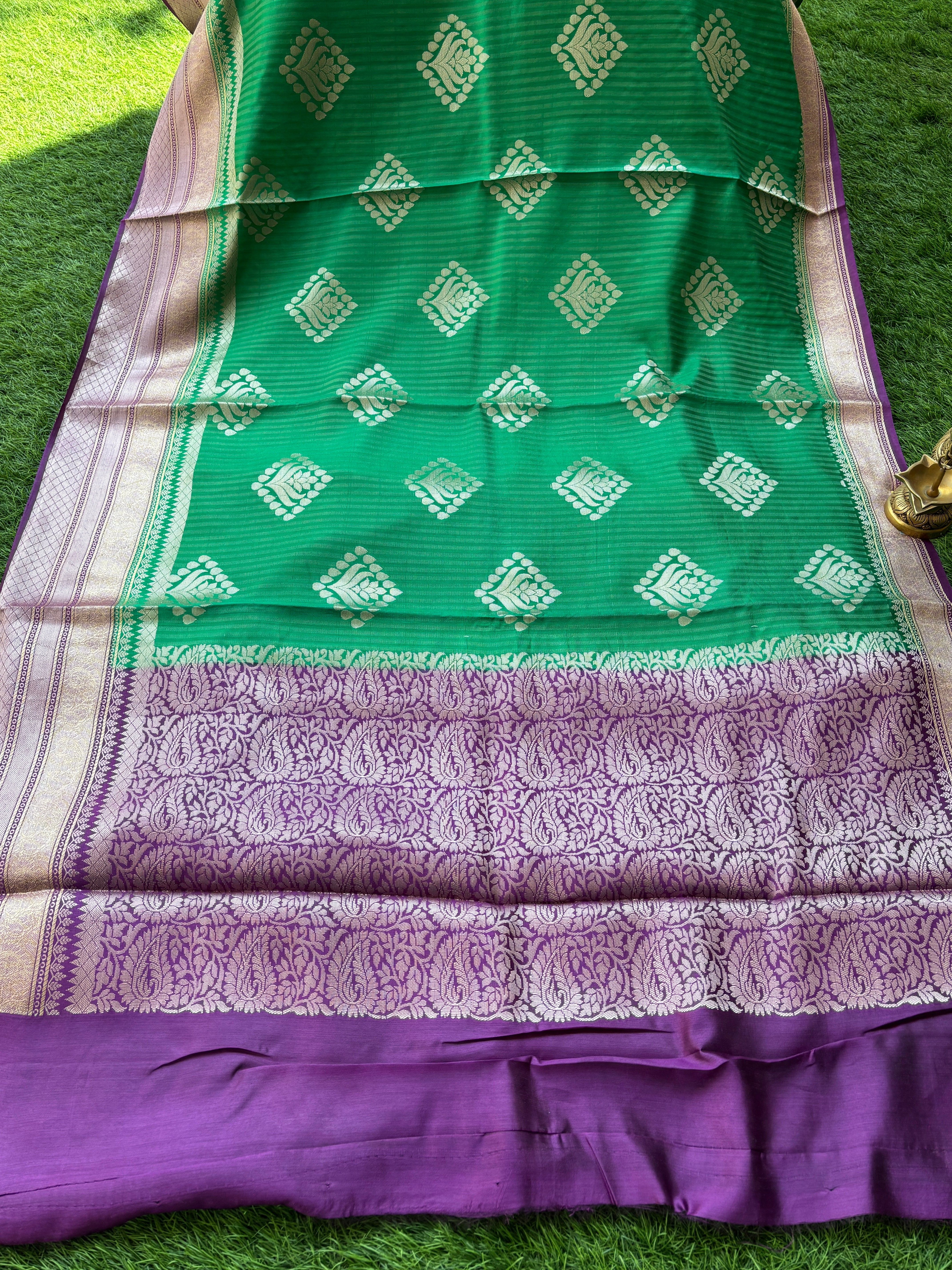 Green Pure Dupion Silk Banarasi Saree with Purple Border | Chandrika Lifestyles