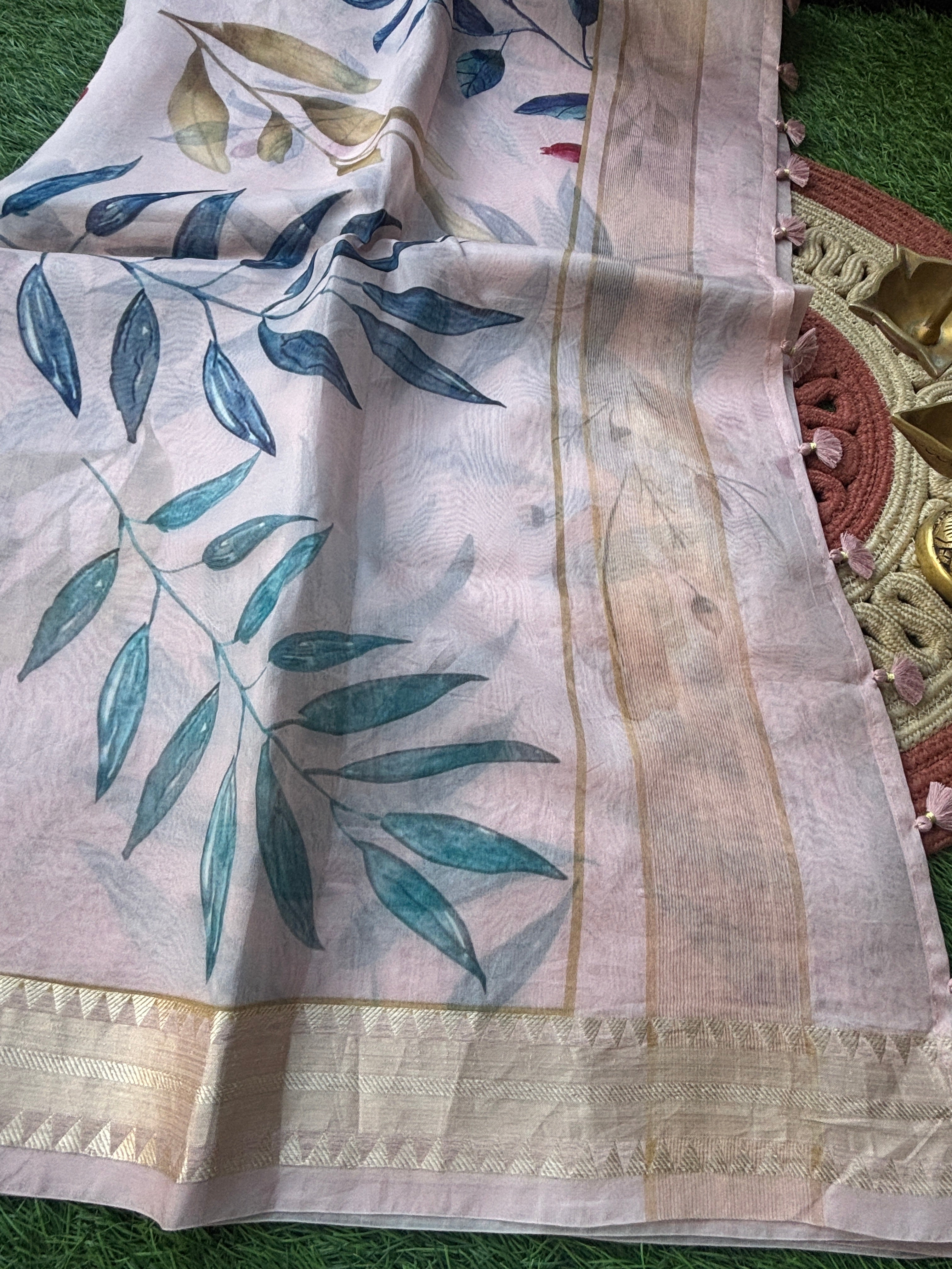 Baby Pink Pure Organza Digital Printed Saree with Readymade Blouse