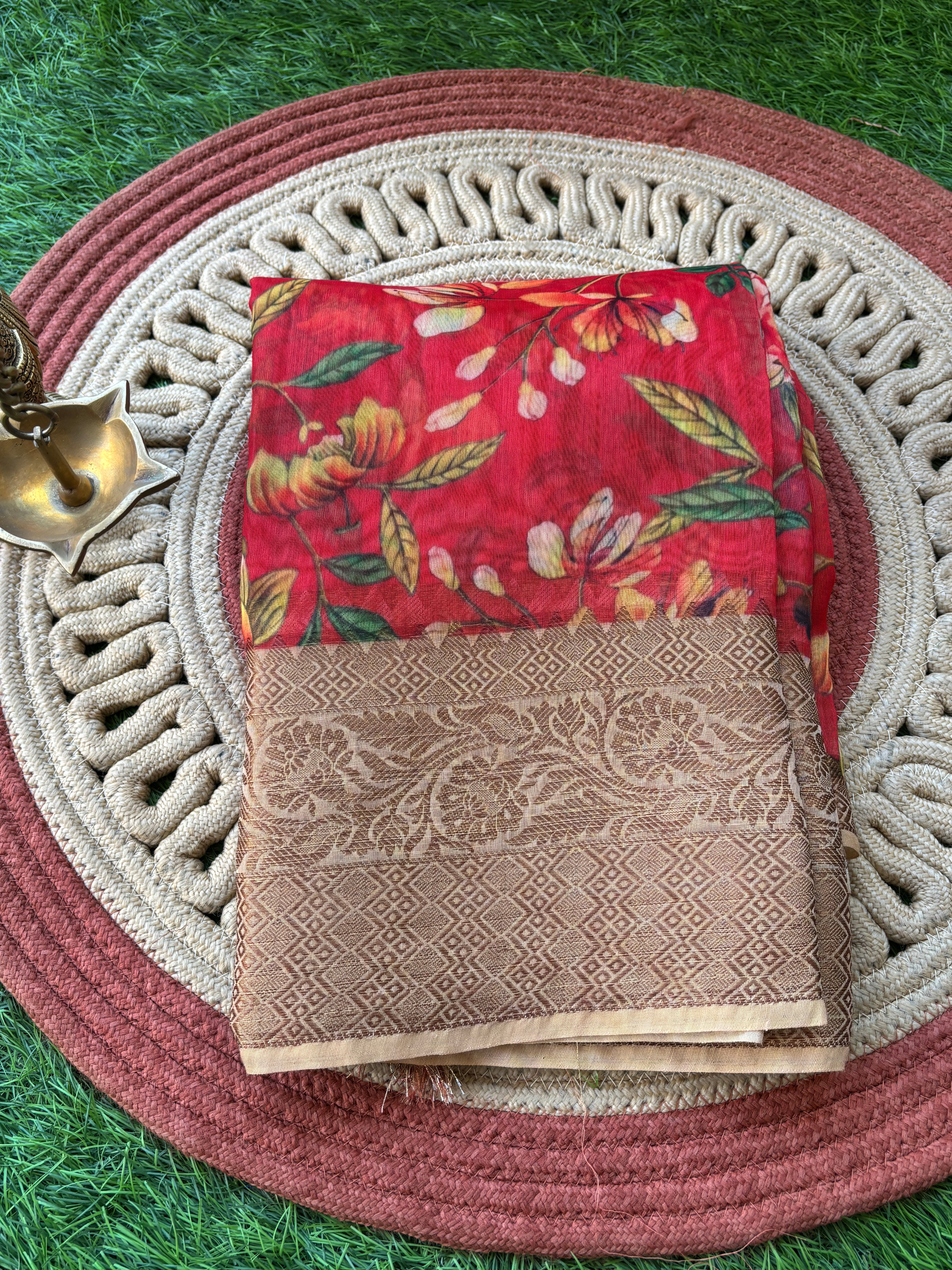Chandrika Lifestyles | Red Banarasi Mercerized Cotton Saree – Digital Print with Antra Border
