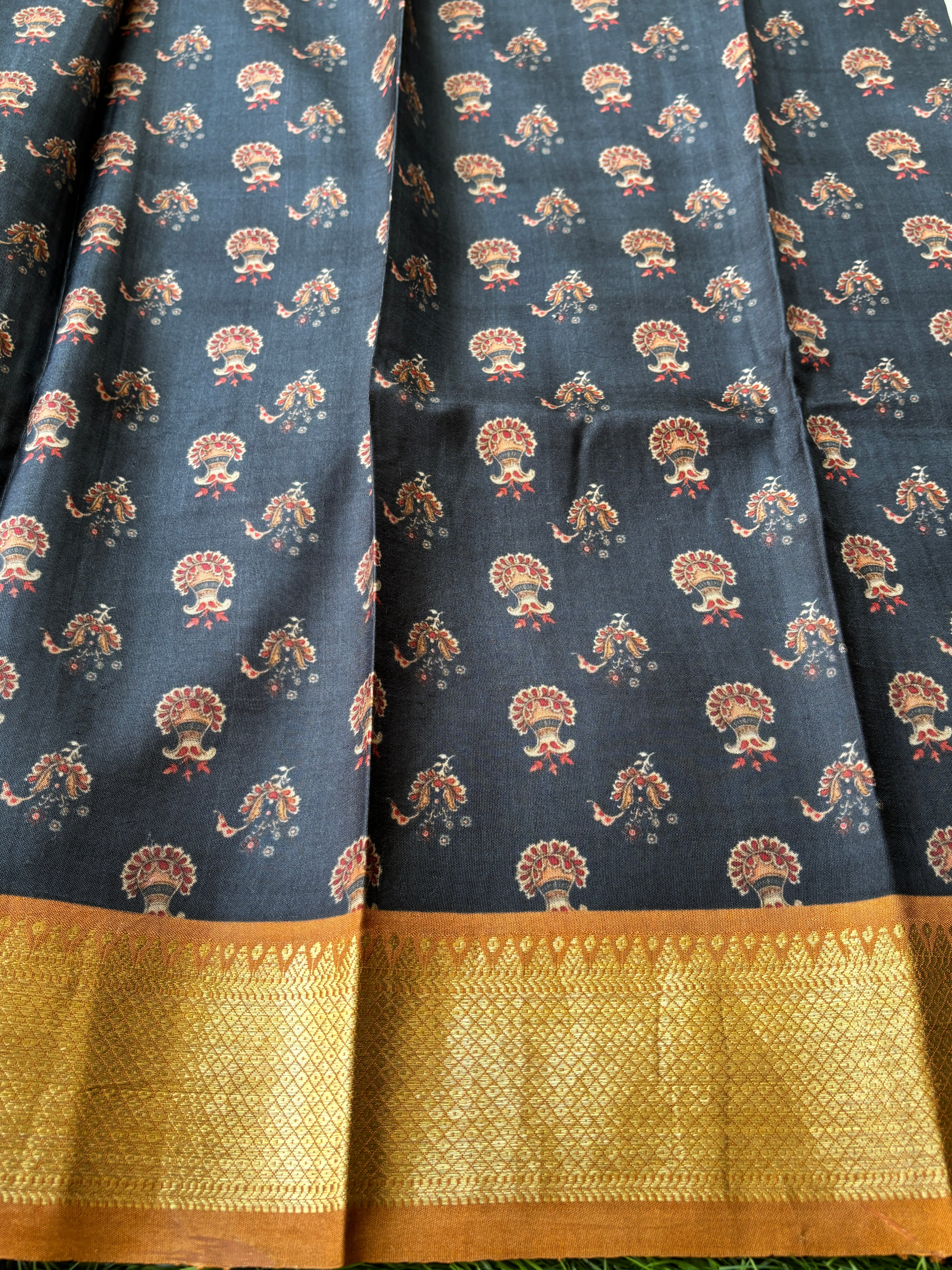 Dark Navy Blue Pure Silk Digital Floral Saree with Broad Dharmavaram Zari Border