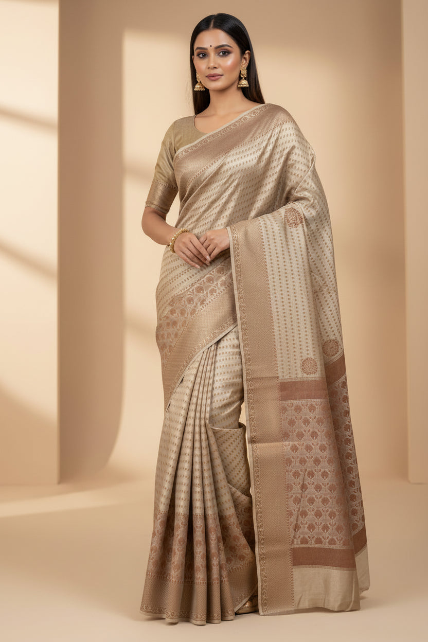 Beige Dupion Silk Banarasi Saree with Round Motifs & Resham Weaving Border | Chandrika Lifestyles