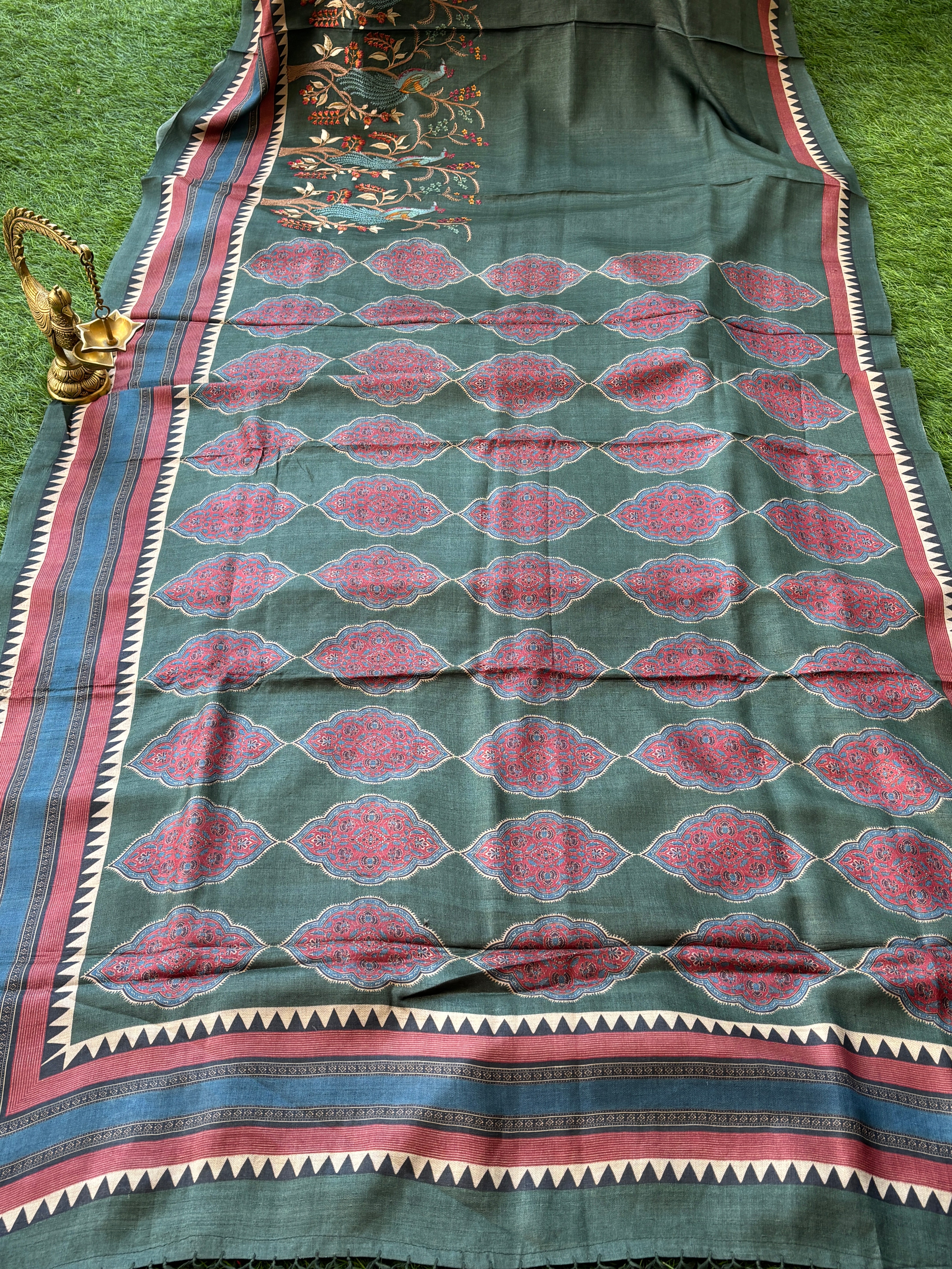 Digital Print Pallu on Dark Leaf Green Half and Half Saree