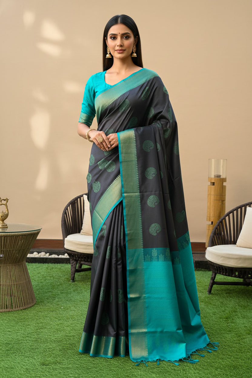 Model wearing Borderless Black Kanjeevaram Silk Saree with Zari Buttas and Sea Green Pallu