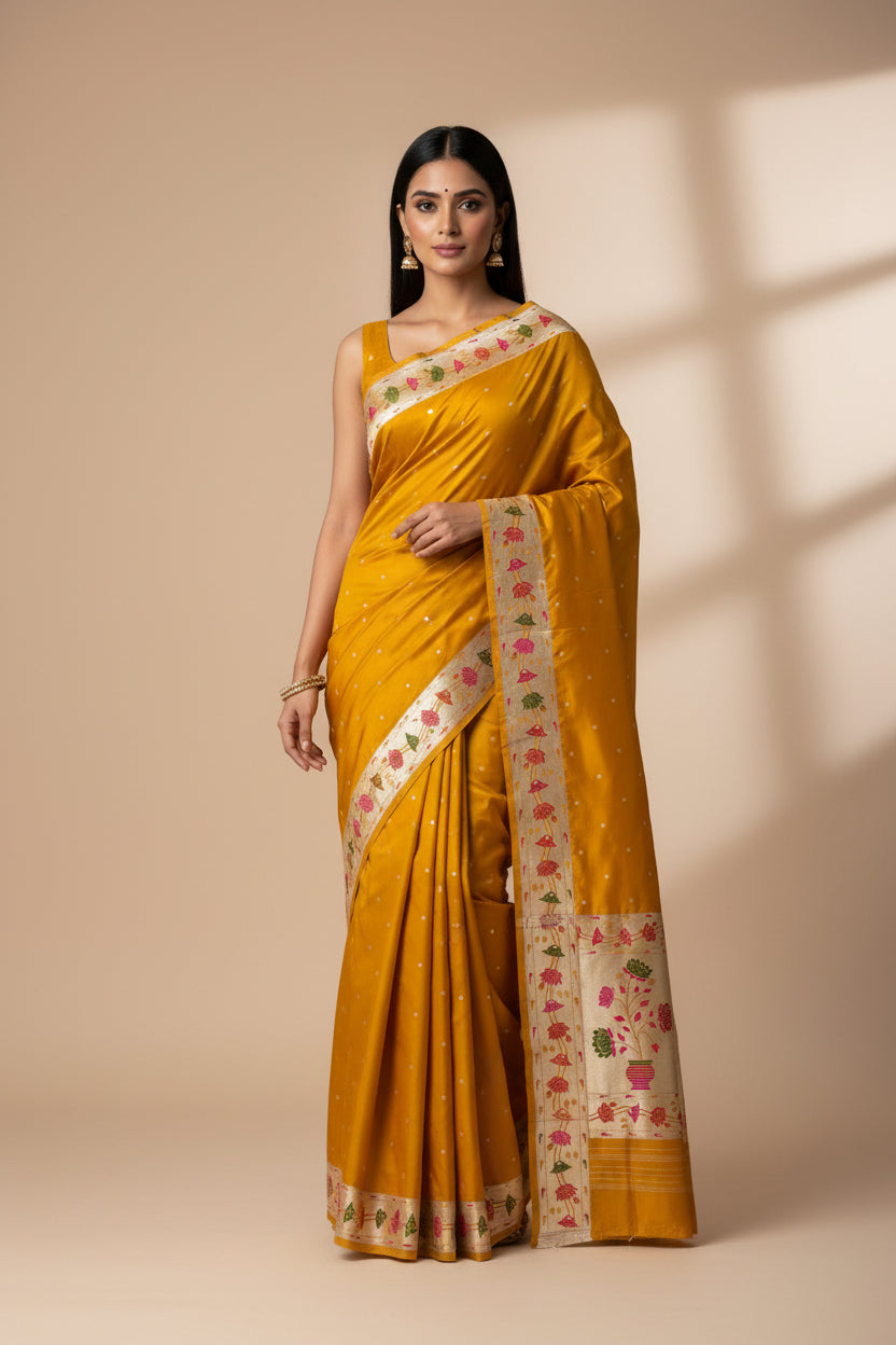 Mango Yellow Banarasi Art Silk Paithani Saree