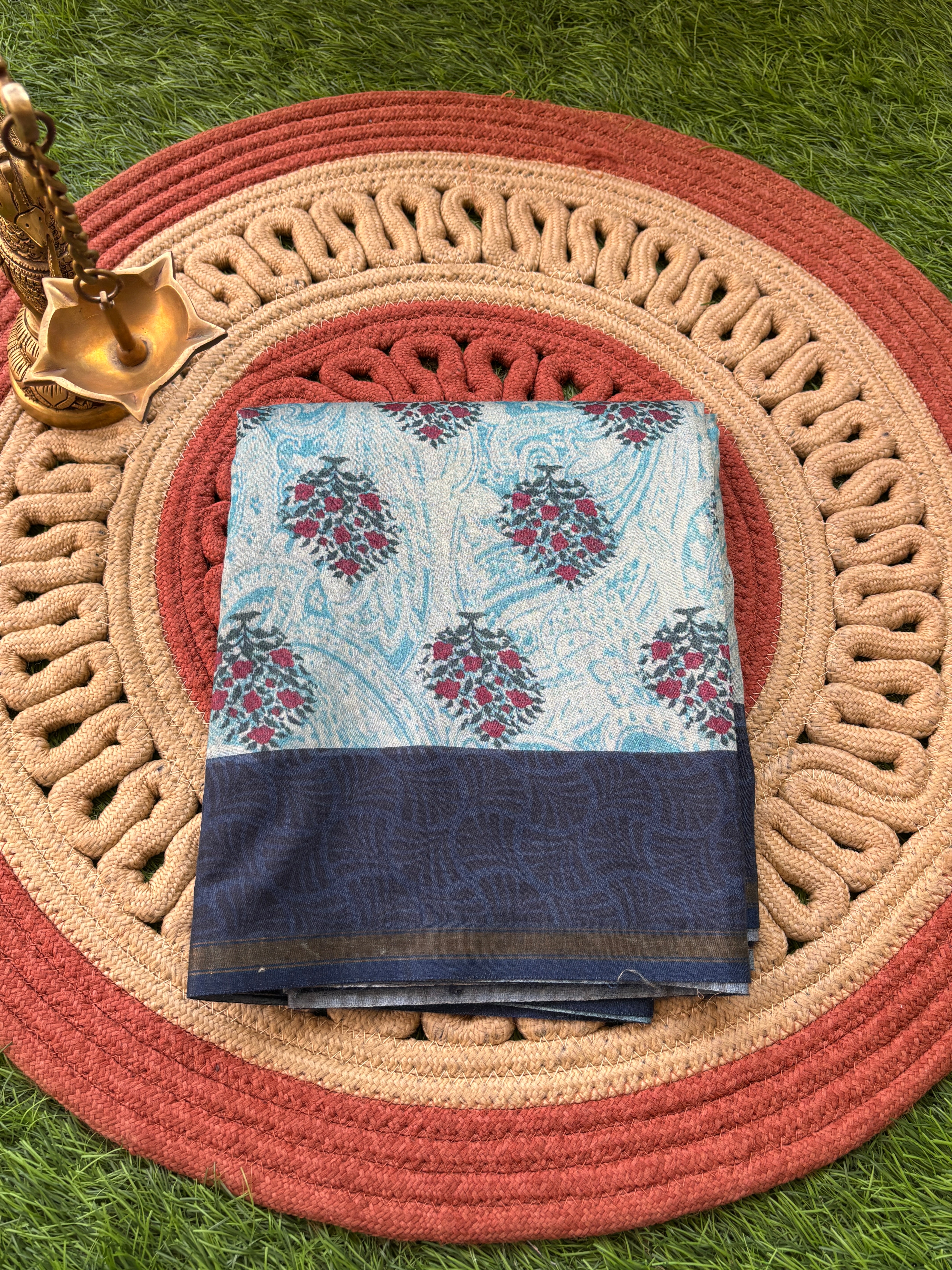 Off-White Munga Silk Saree with Allover Digital Print & Navy Blue Border | Chandrika Lifestyles