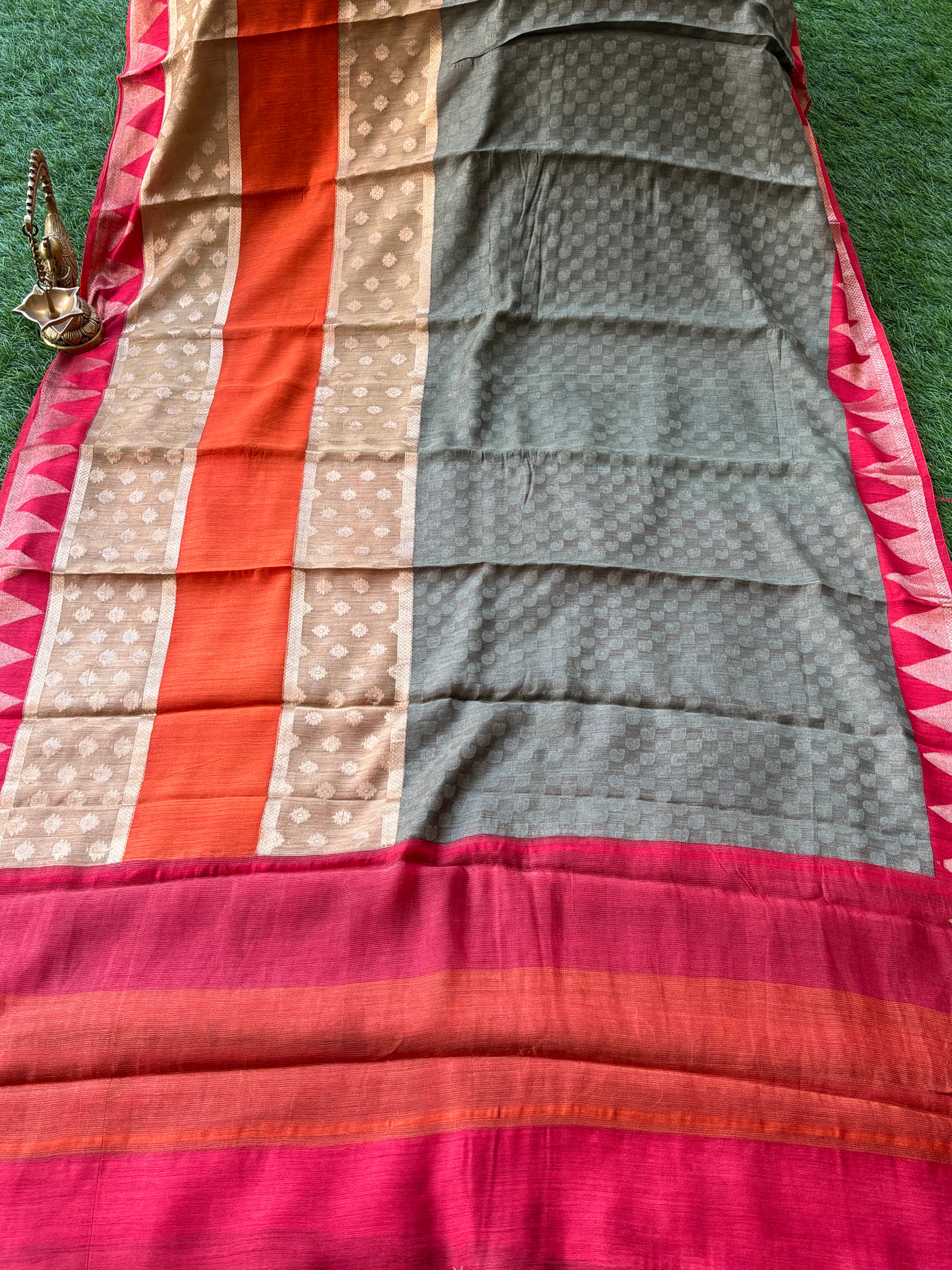 Grey Munga Silk Saree with Red Border & Multicolour Stripes | Chandrika Lifestyles