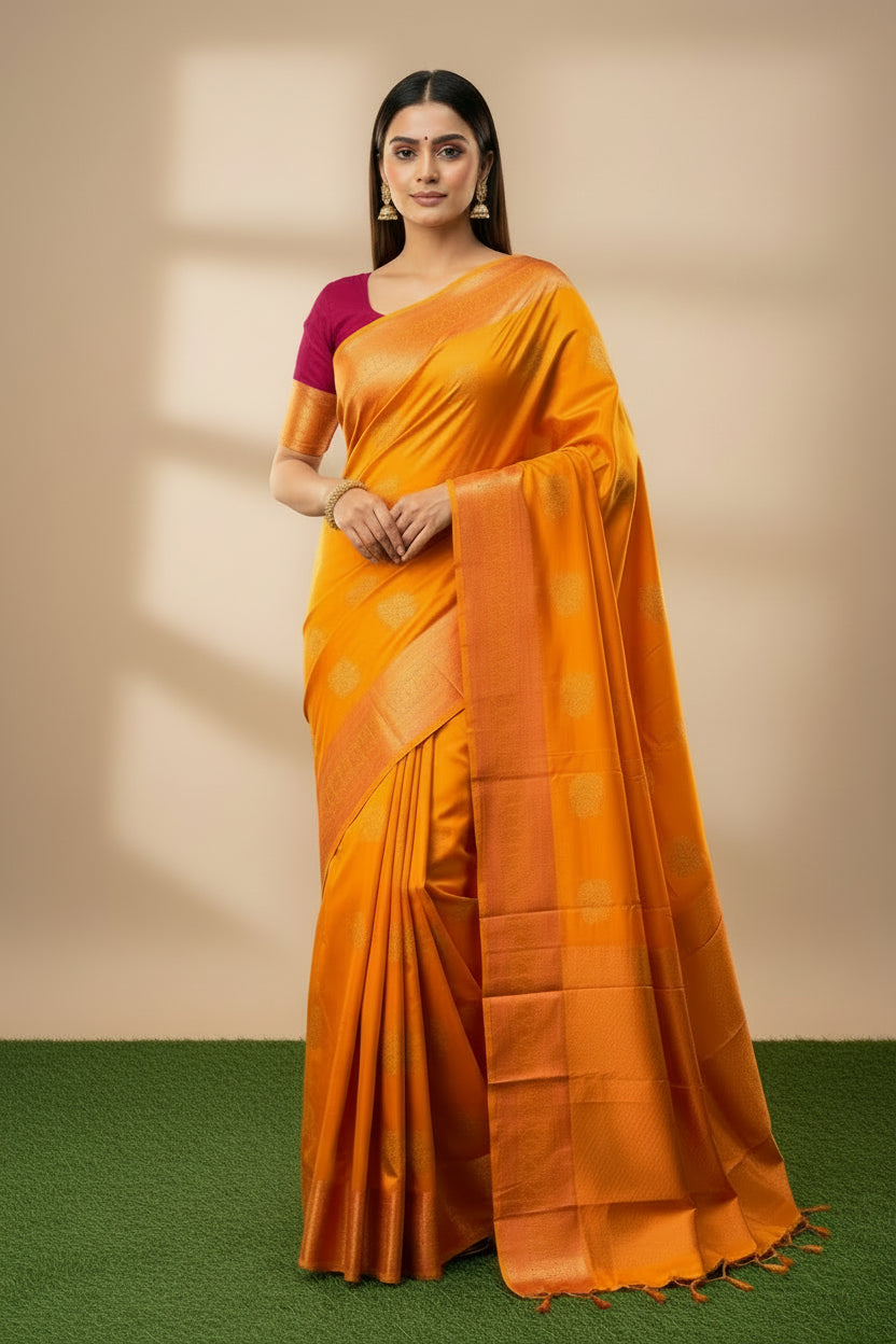 Mango & Orange Dual-Tone Kanjeevaram Pure Silk Saree with Broad Zari Woven Border