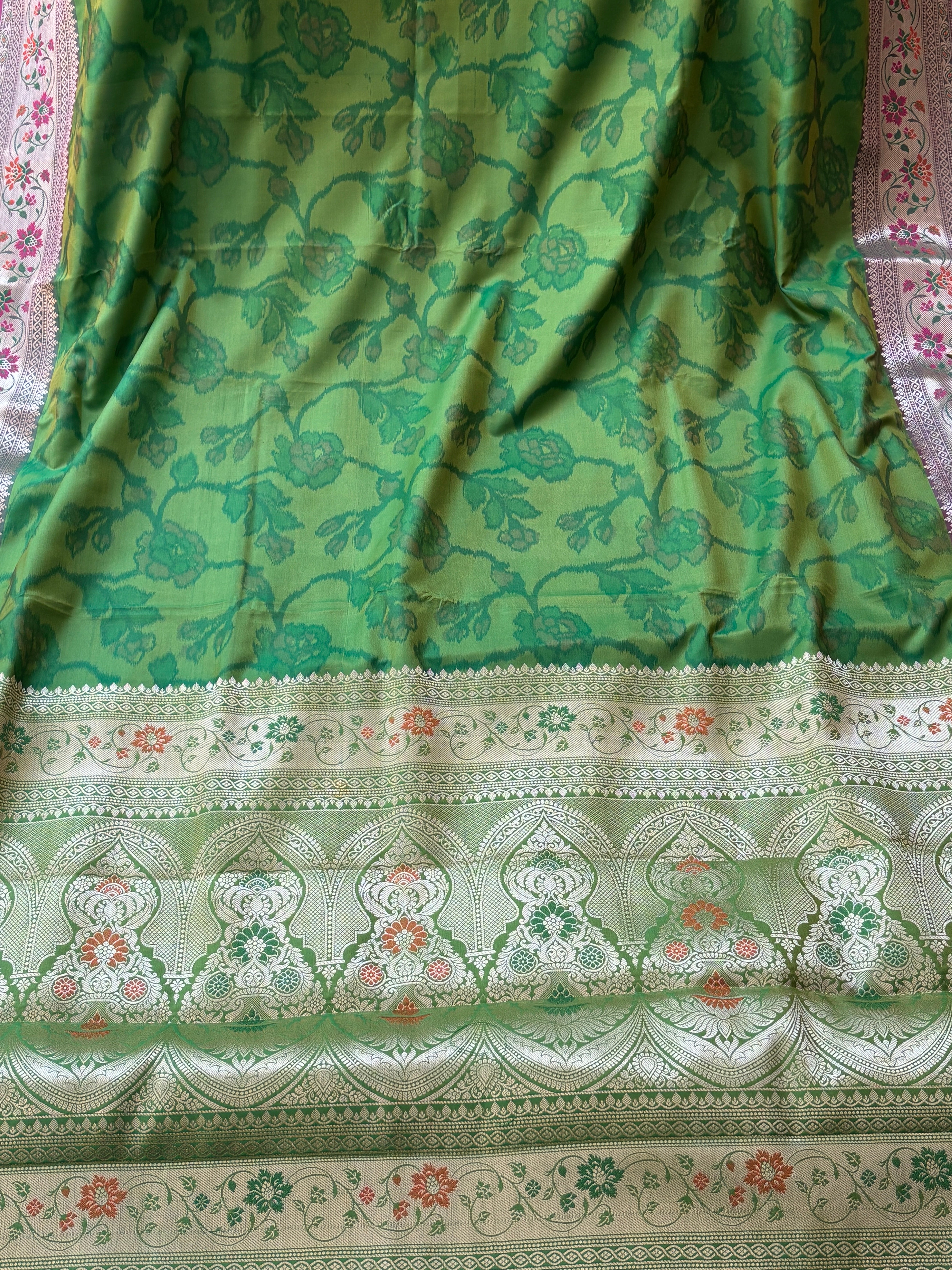 Green Art Silk Ikkat Printed Saree with Banarasi pink Border & green Blouse
