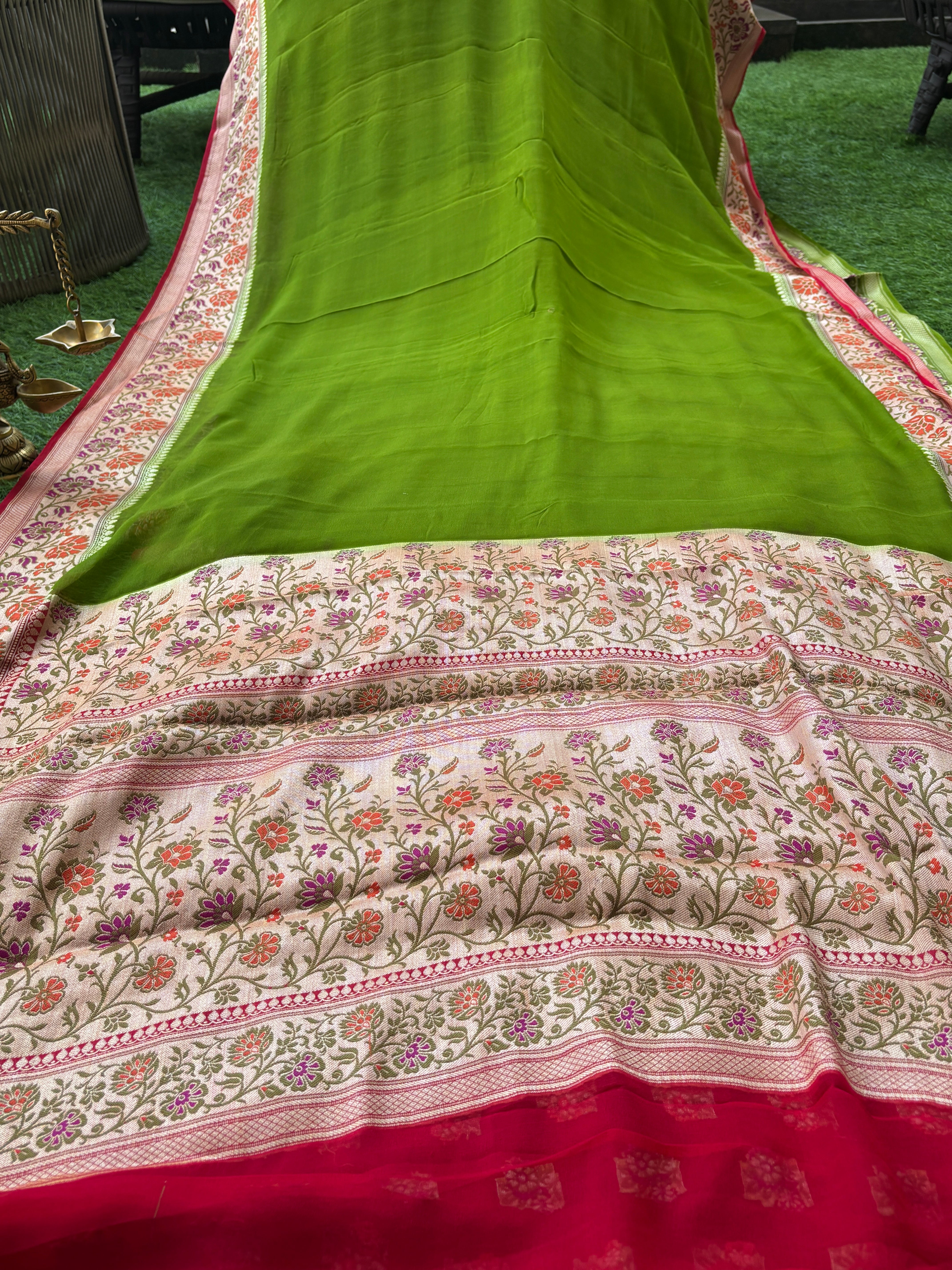 Green Khaddi Georgette Banarasi Saree with Paithani Weaving Border & Red Blouse | Chandrika Lifestyles