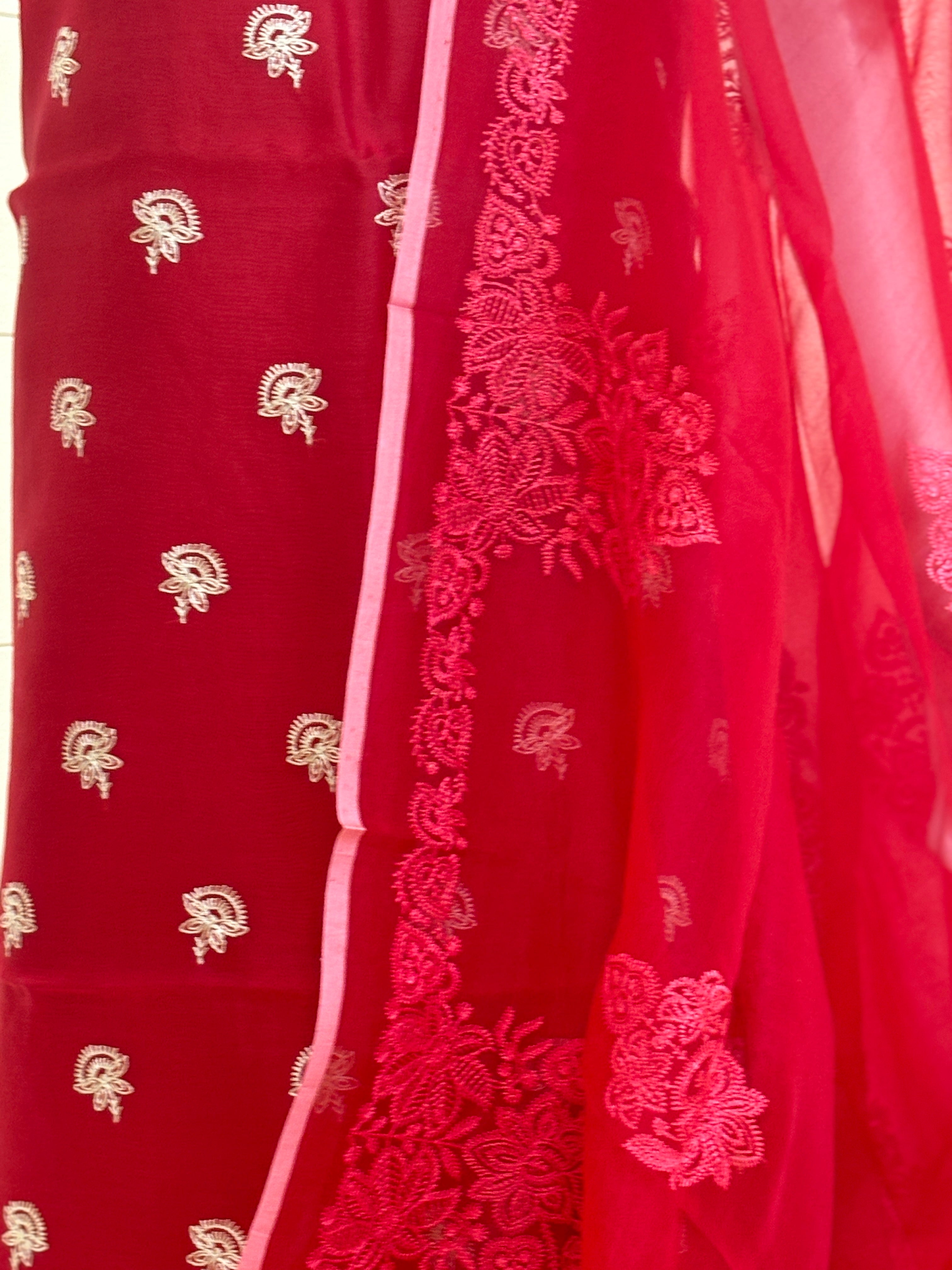 Chandrika Red Pure Organza Silk Suit Material with Embroidery Butti and Organza Dupatta – Festive Wear