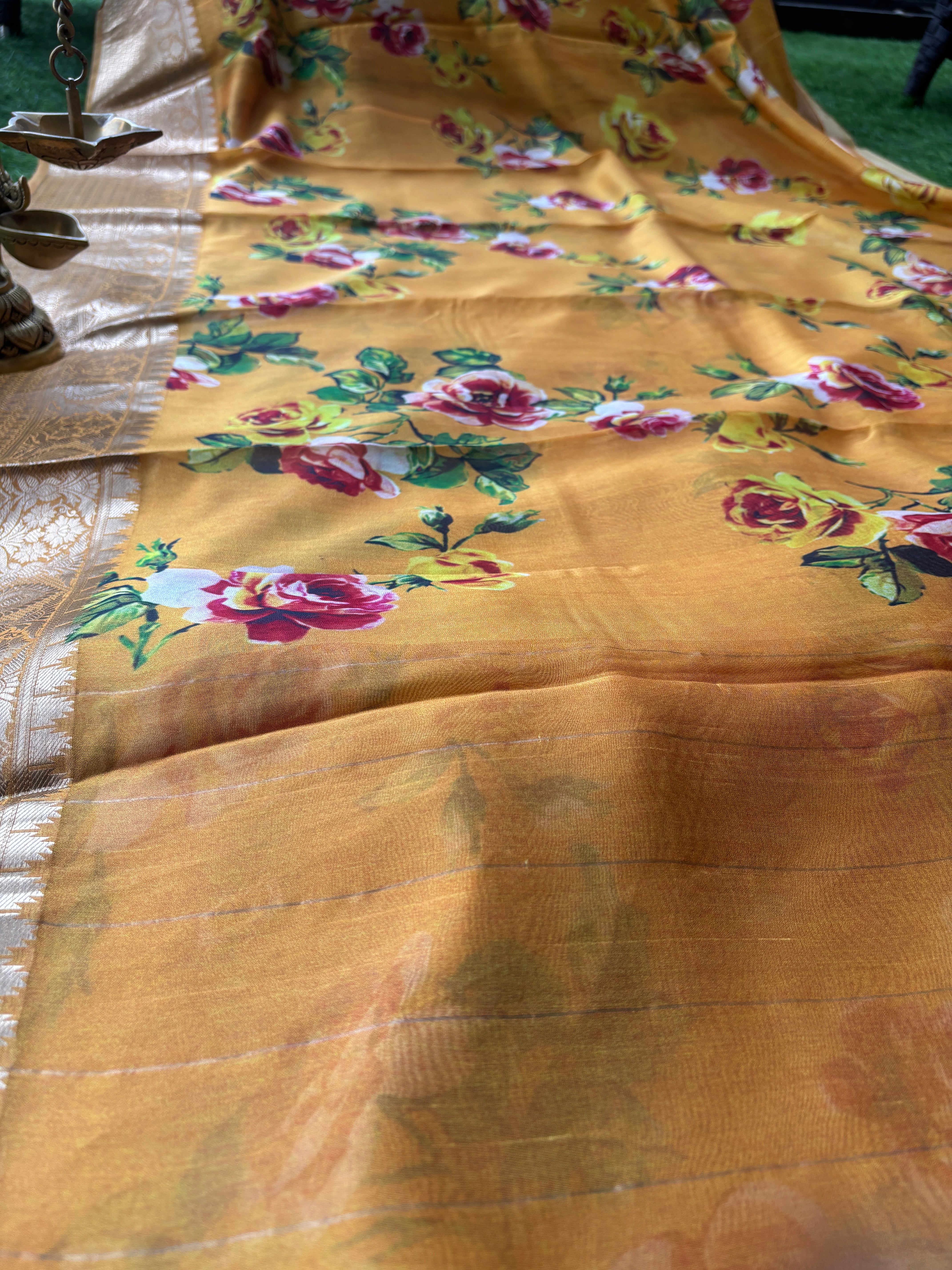 Yellow Pure Georgette Banarasi Saree with Allover Floral Digital Print | Chandrika Lifestyles