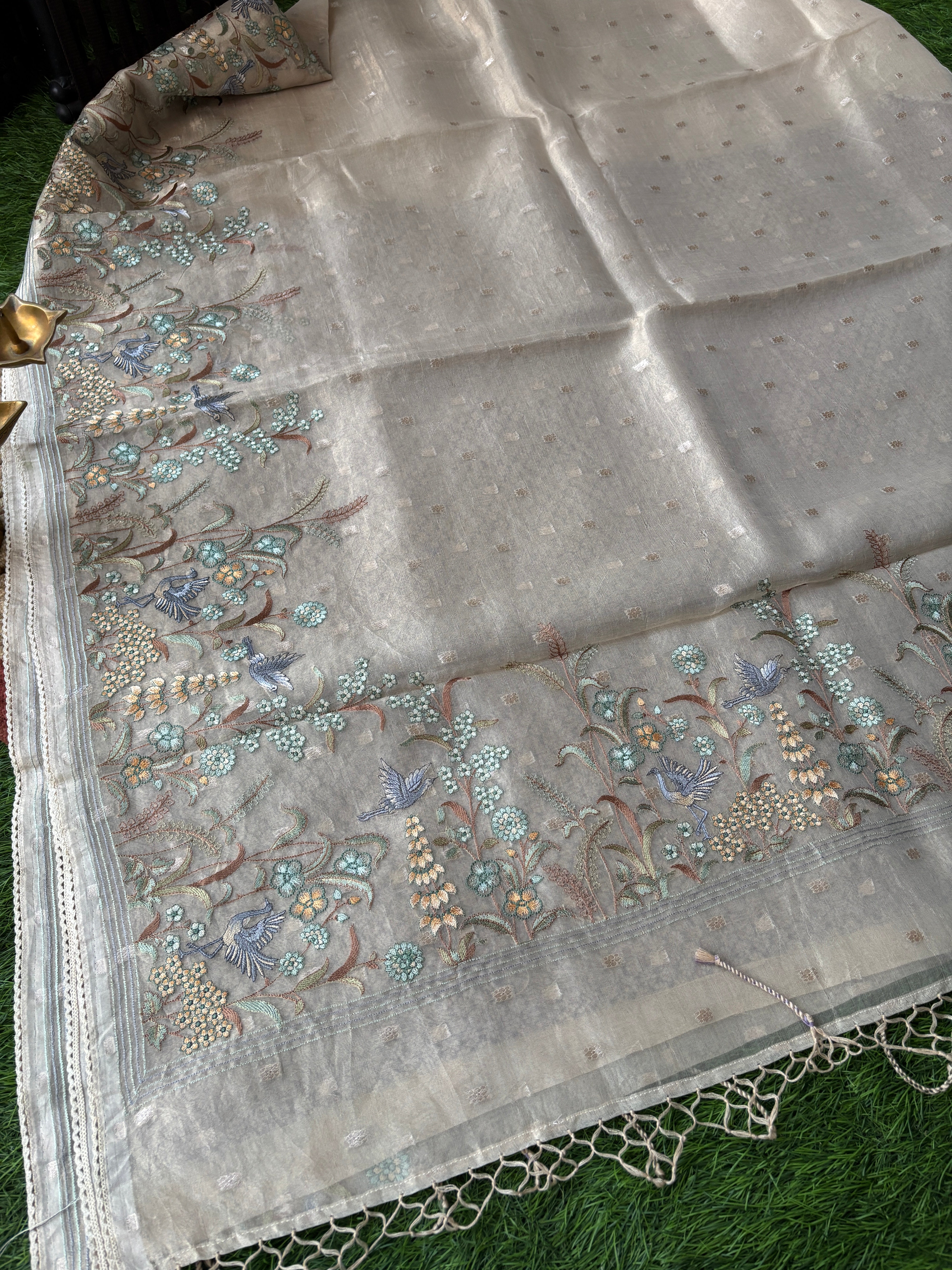 Off White Tissue Kora Saree with Figure Embroidery & Thread Butta Work | Chandrika Lifestyles