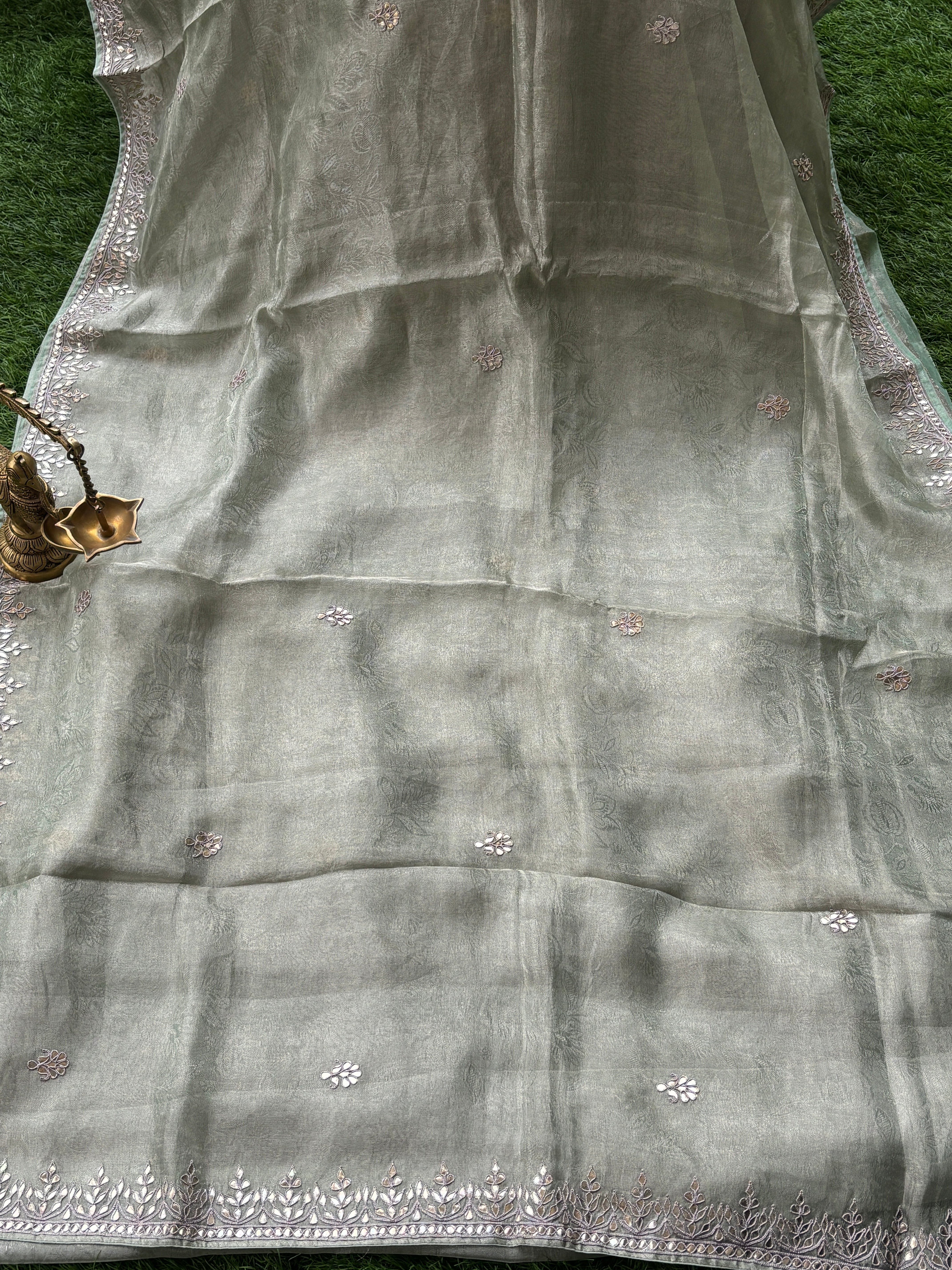 Elegant Pista Pure Tissue Silk Saree with Gota Buttas & Designer Gota Border
