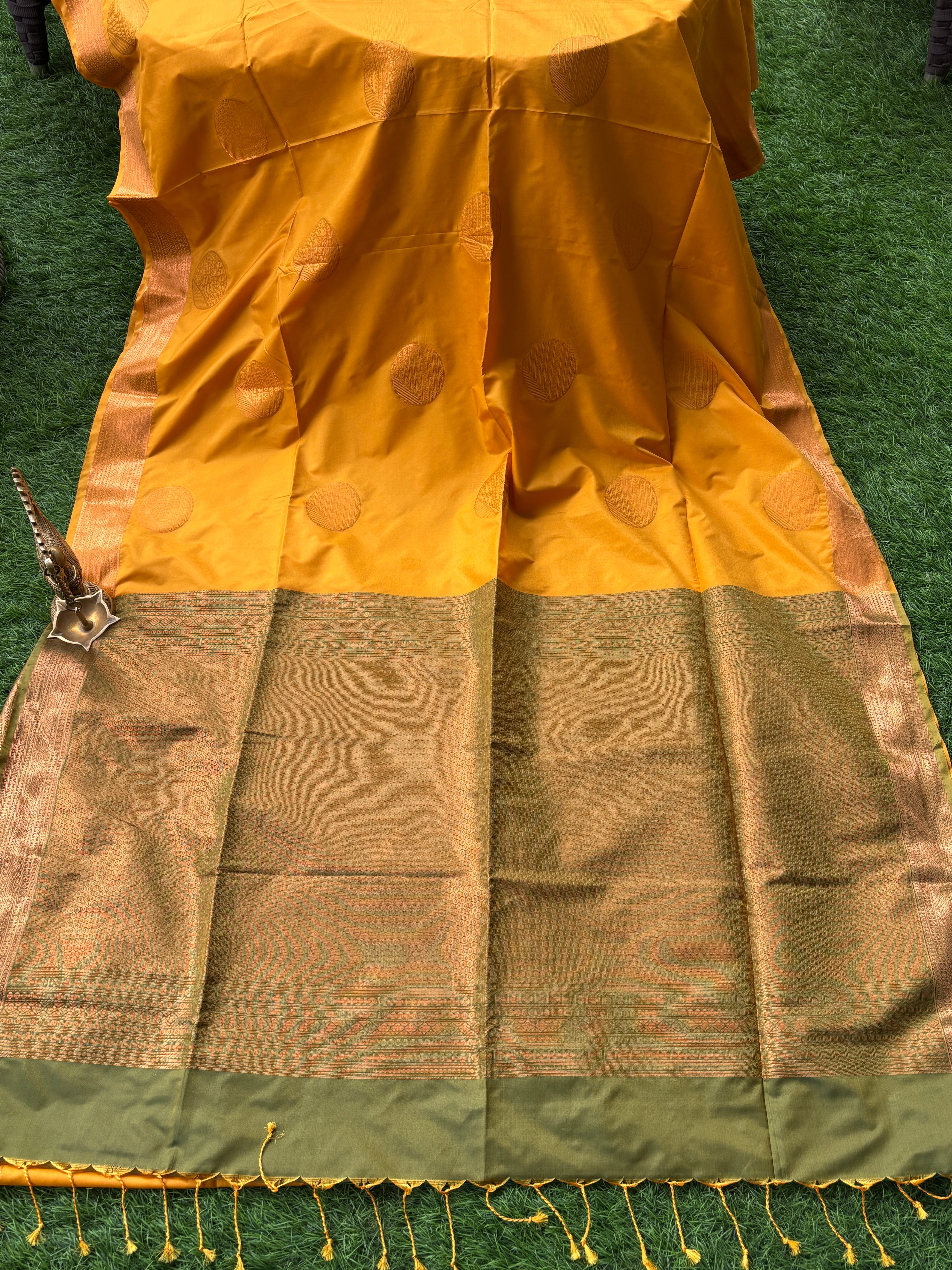 Mango Yellow Art Silk Kanjeevaram Saree with Green Pallu | Chandrika Lifestyles