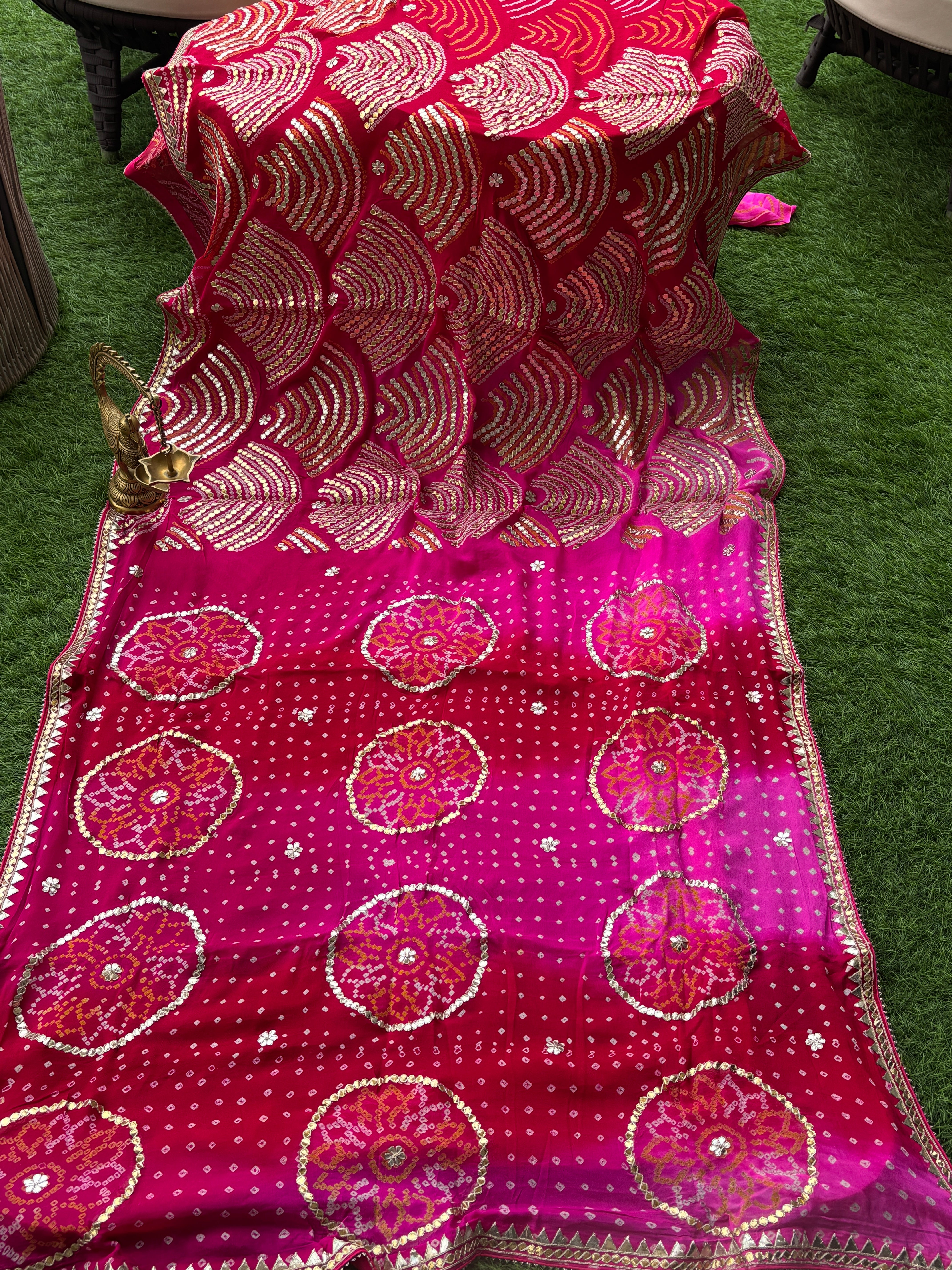 Red Pink Pure Chiffon Bandhej Saree with Boota Patti Border | Chandrika Lifestyles