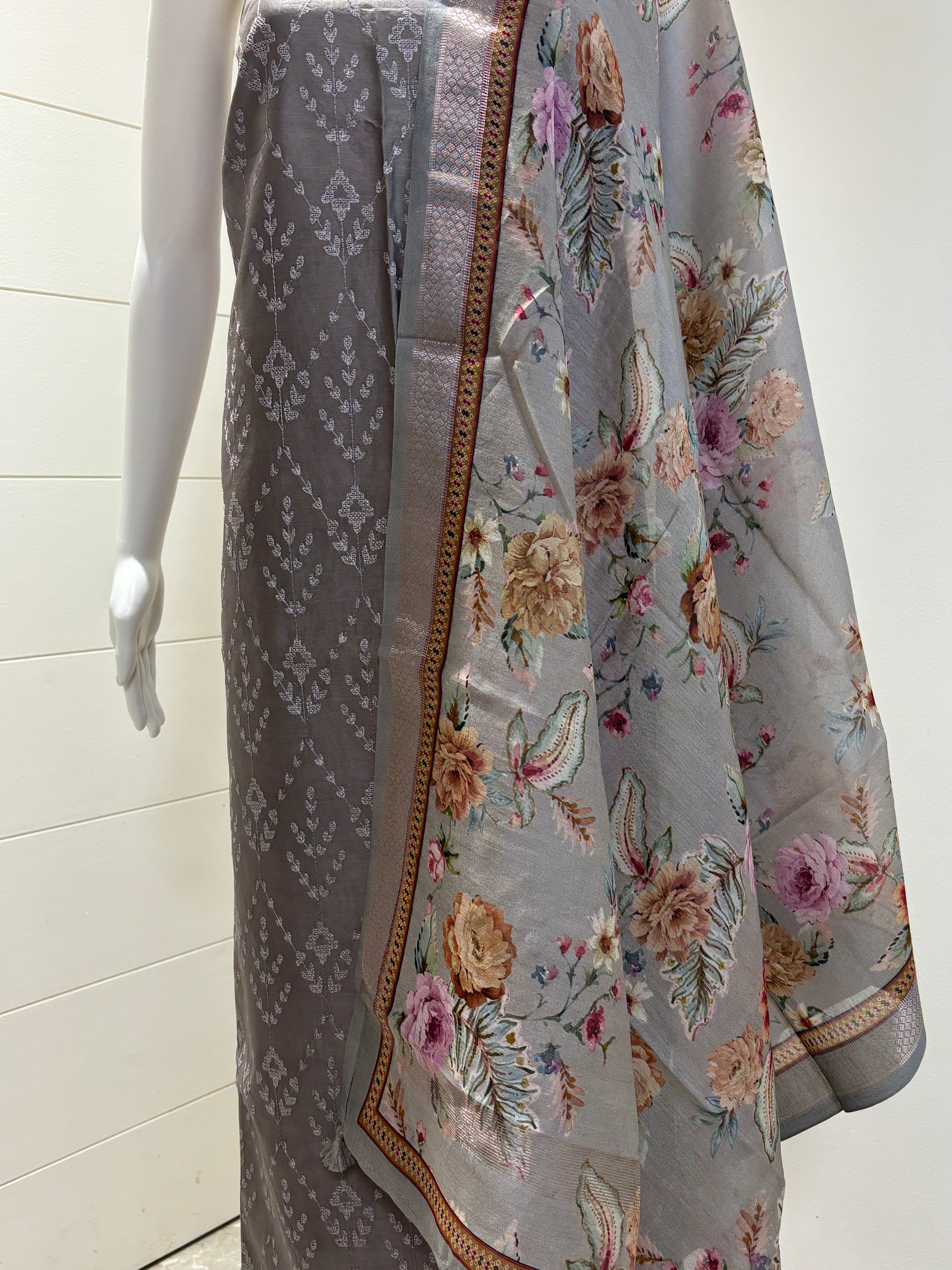 Pure Cotton All-Over Embroidery Jaal Suit Material with Matching Digital Printed Dupatta – Metallic Grey / Wine