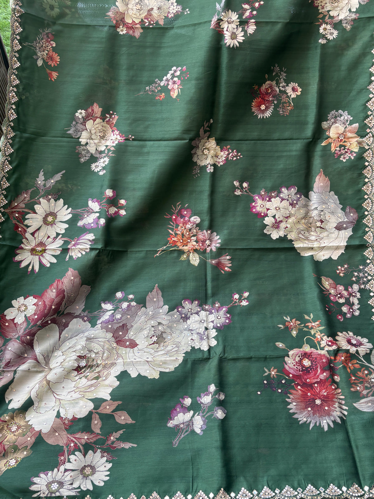 Elegant Bottle Green Pure Tusser Silk Saree with Digital Floral Print & Mirror Work Border