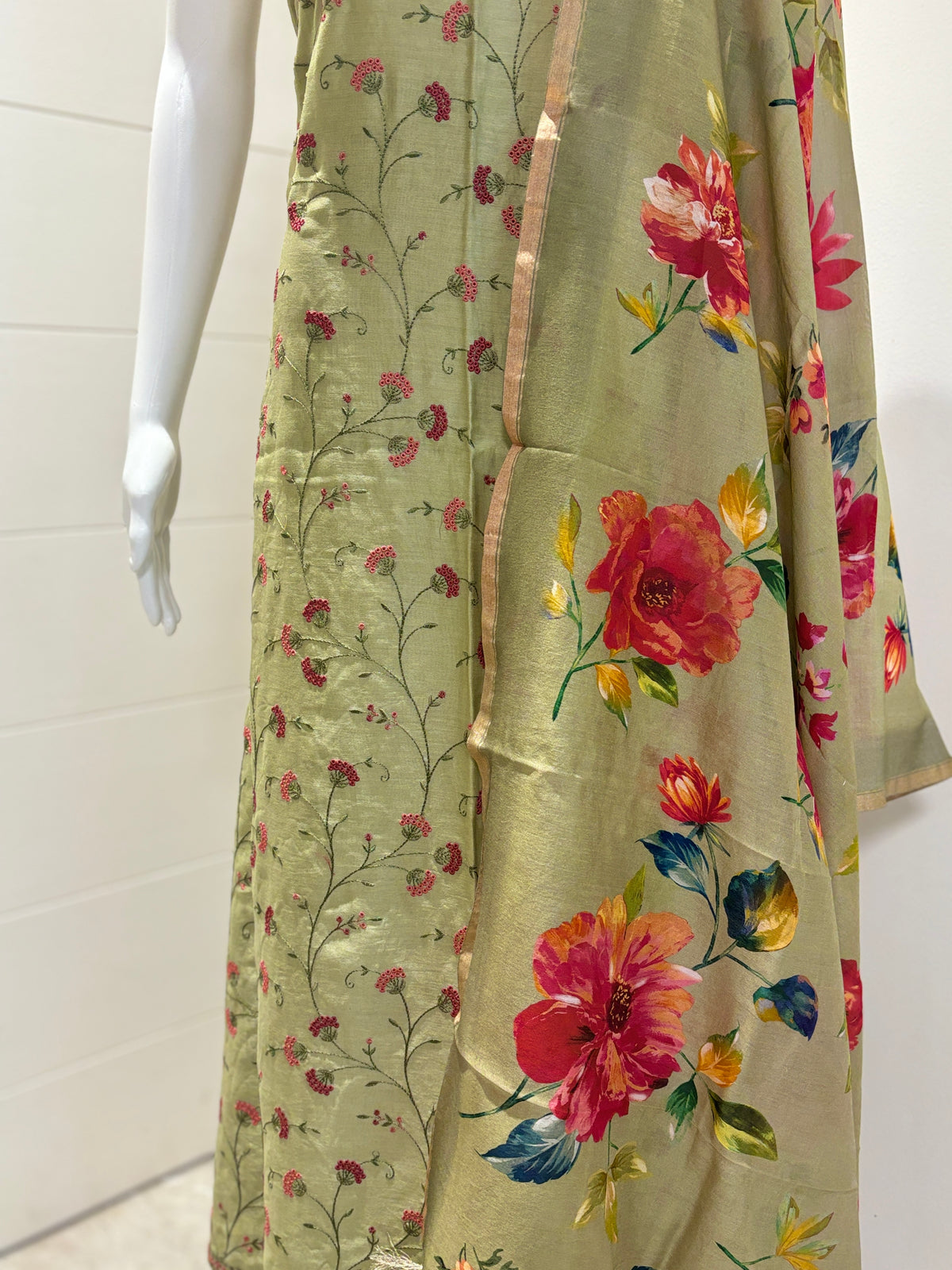 Pure Cotton Mehendi Green All-Over Embroidered Butti Suit Material with Digital Floral Printed Dupatta