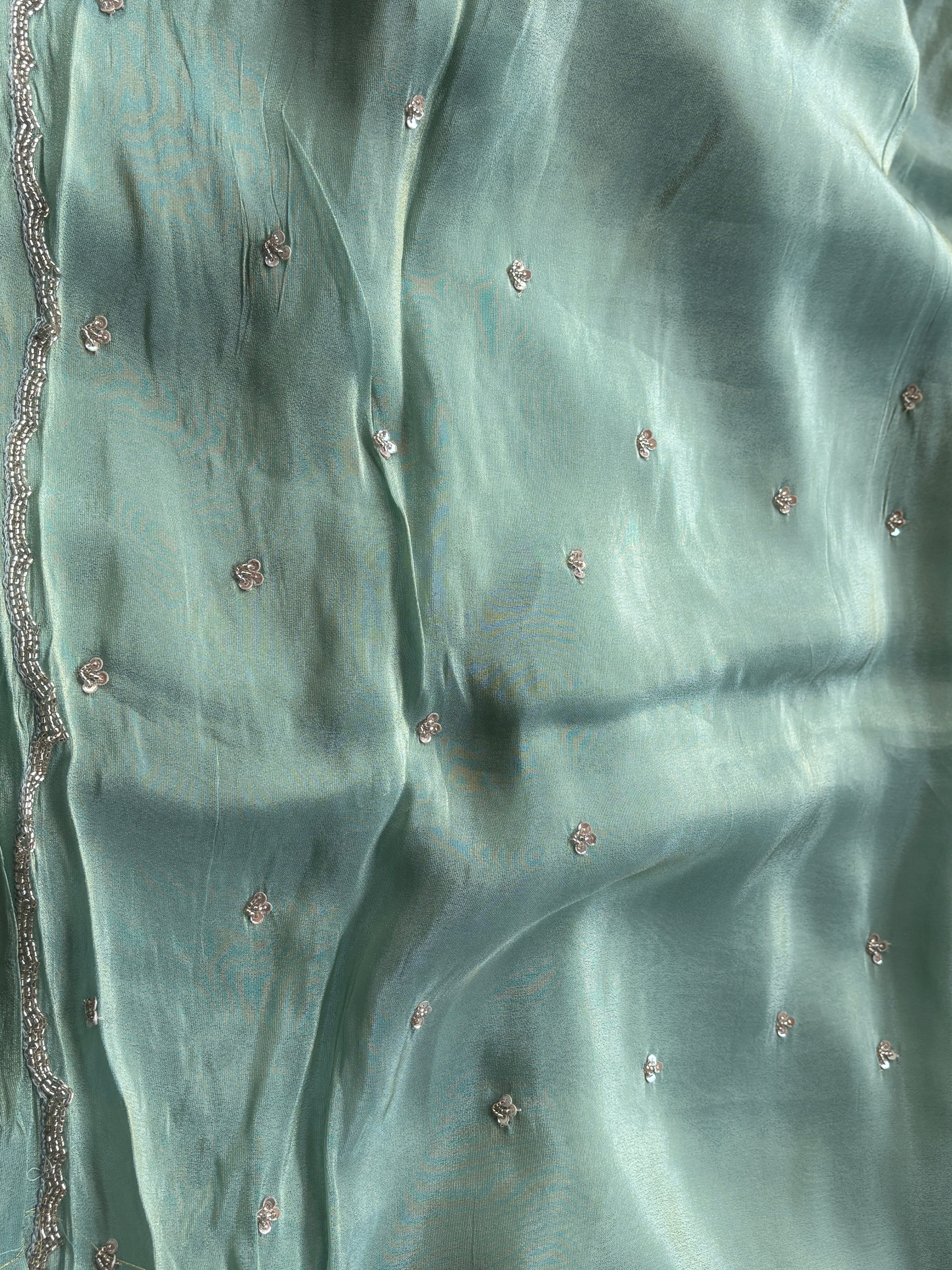 Luxury Mint Pure Tissue Crepe Silk Saree with Zardozi Buttas & Designer Scallop Border