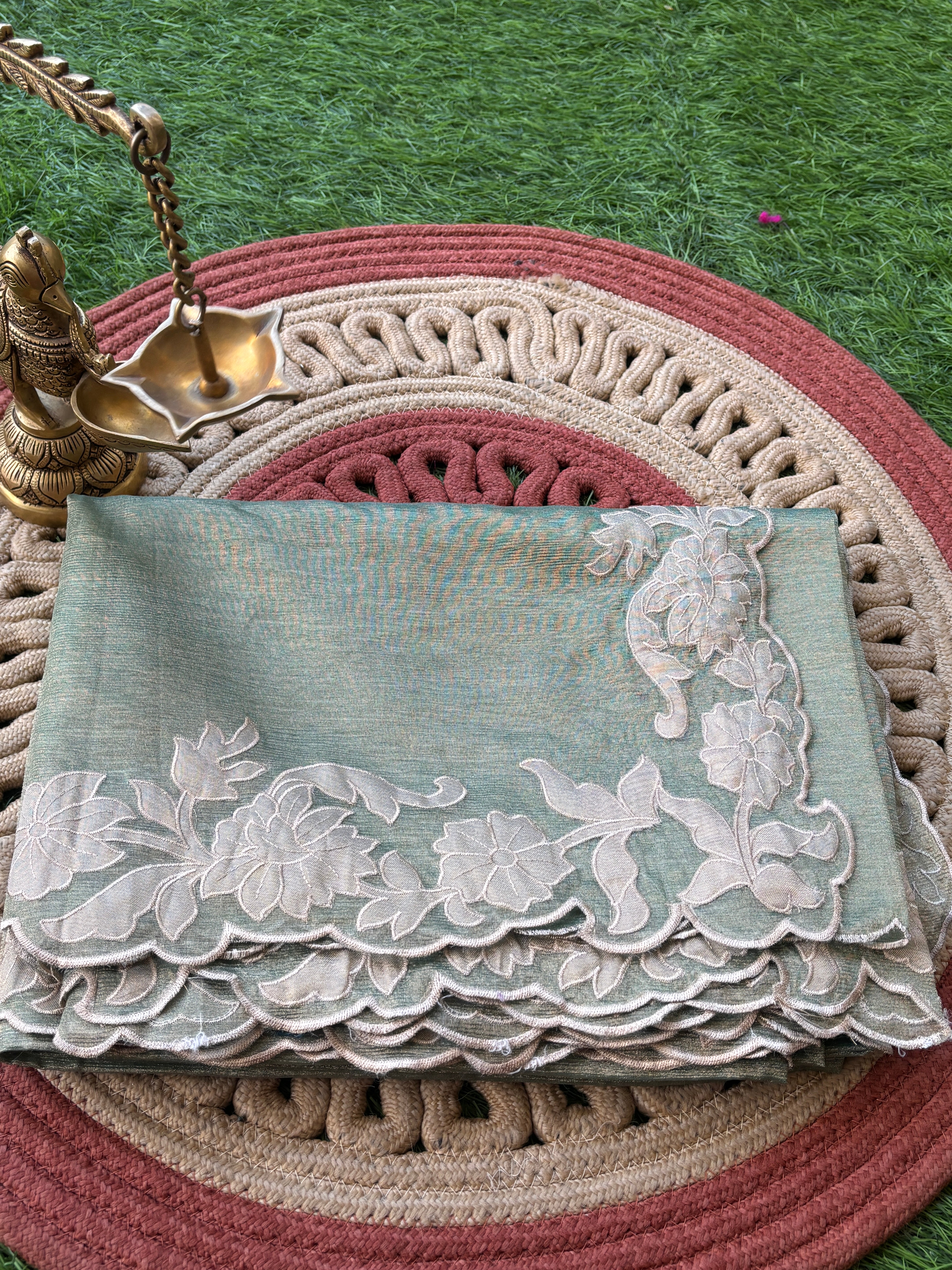 Pista Green Pure Tissue Organza Saree with Applique Border & Cutwork | Chandrika Lifestyles