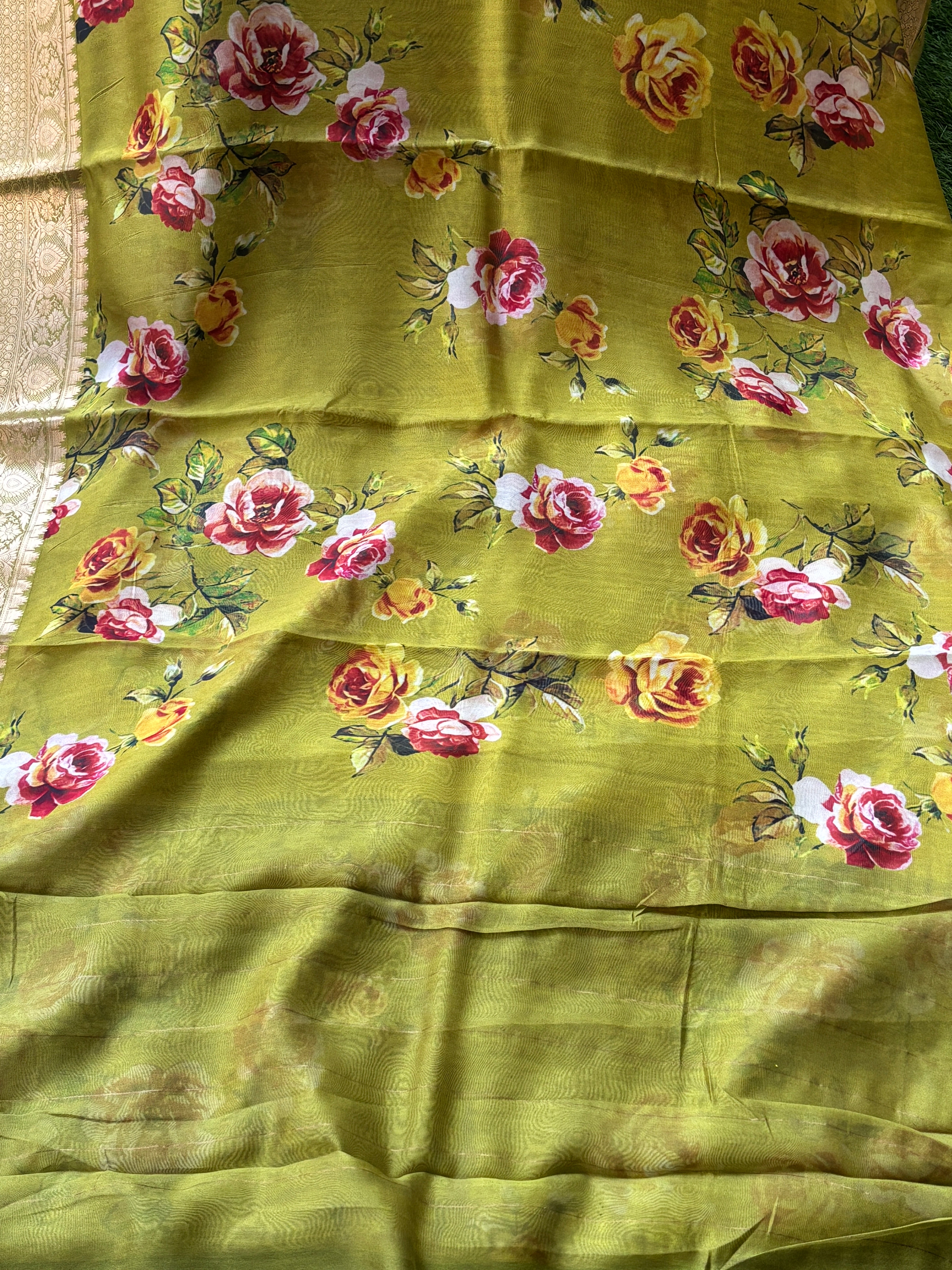 Pista Green Pure Georgette Saree with Broad Zari Woven Border & Digital Print