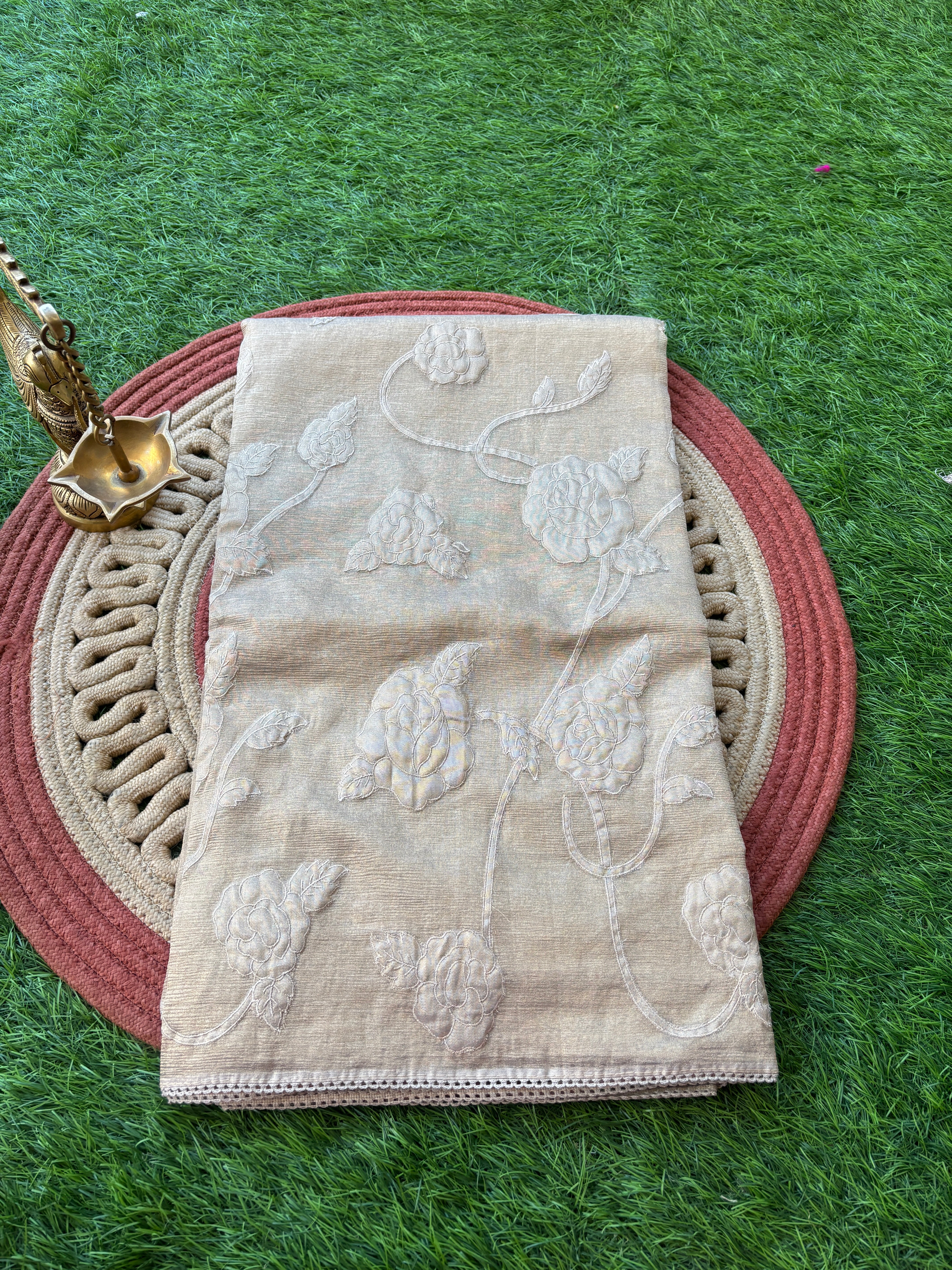 Beige Tissue Saree with Allover Applique Work | Chandrika Lifestyles