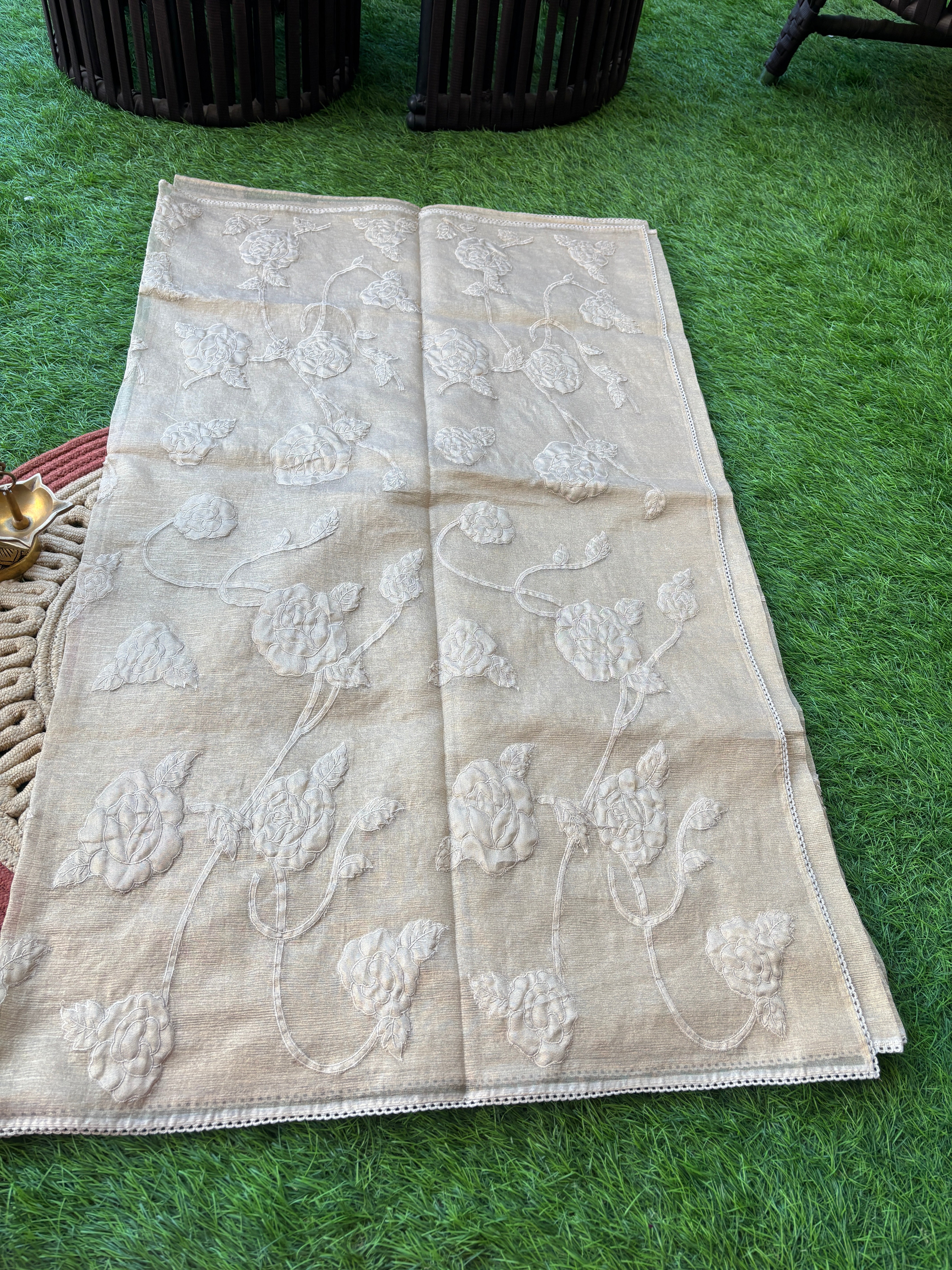 Beige Tissue Saree with Allover Applique Work | Chandrika Lifestyles