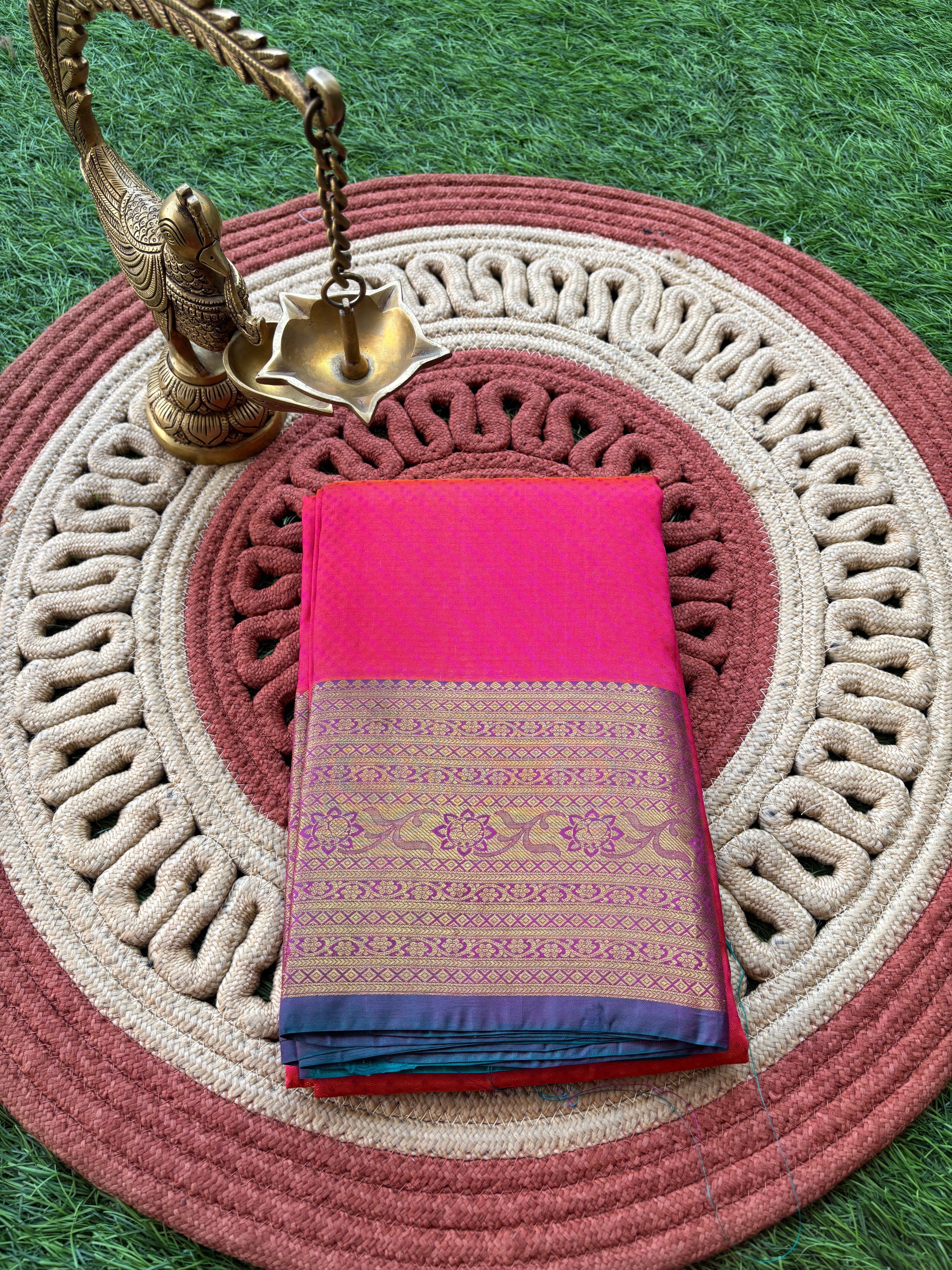 Pink & Orange Dual-Tone Pure Silk Kanjeevaram Saree with Traditional Weaving and Broad Zari Border