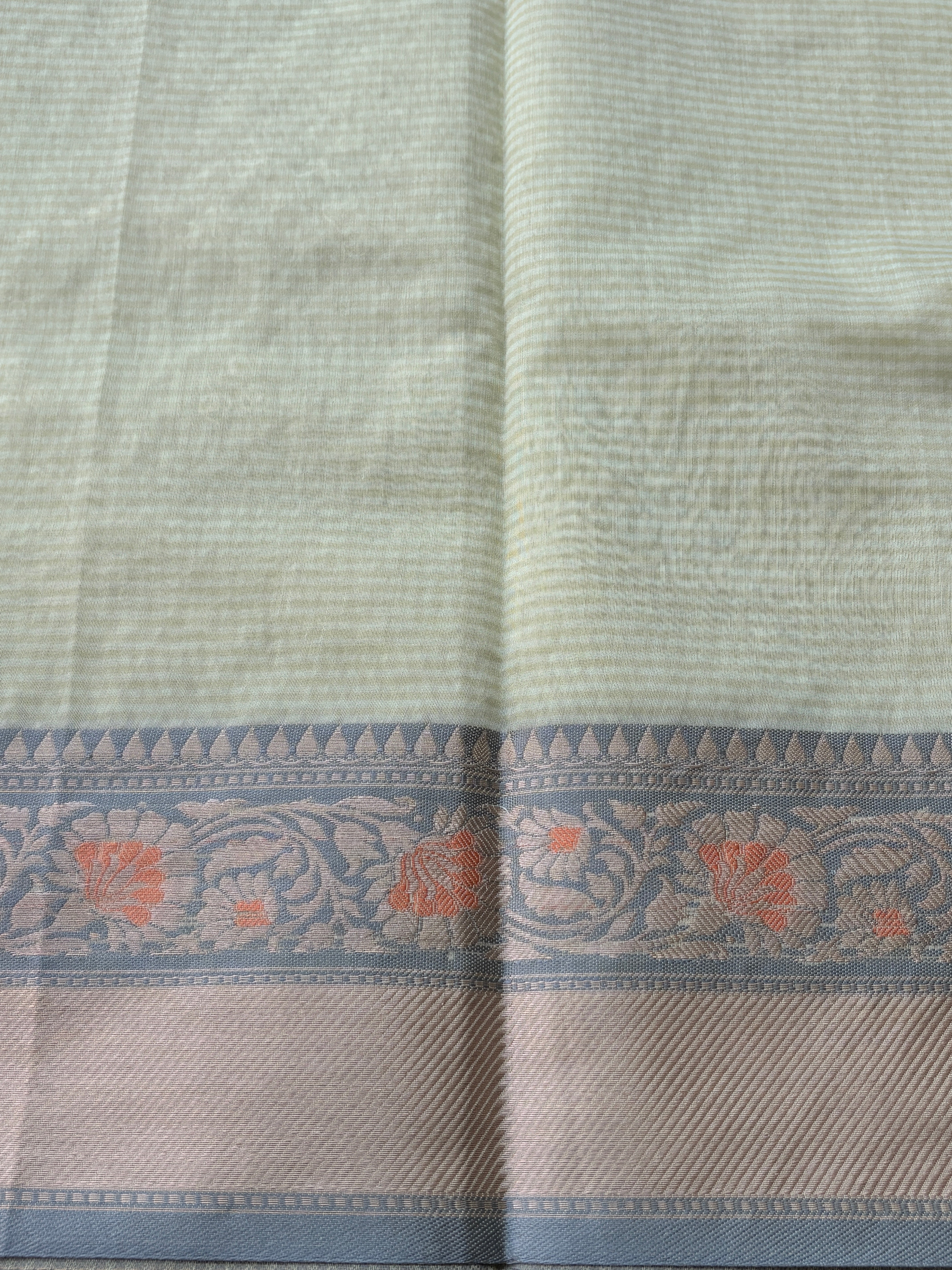 Pastel Pista Green Banarasi Mercerised Cotton Saree with Thread Embroidery & Resham Border