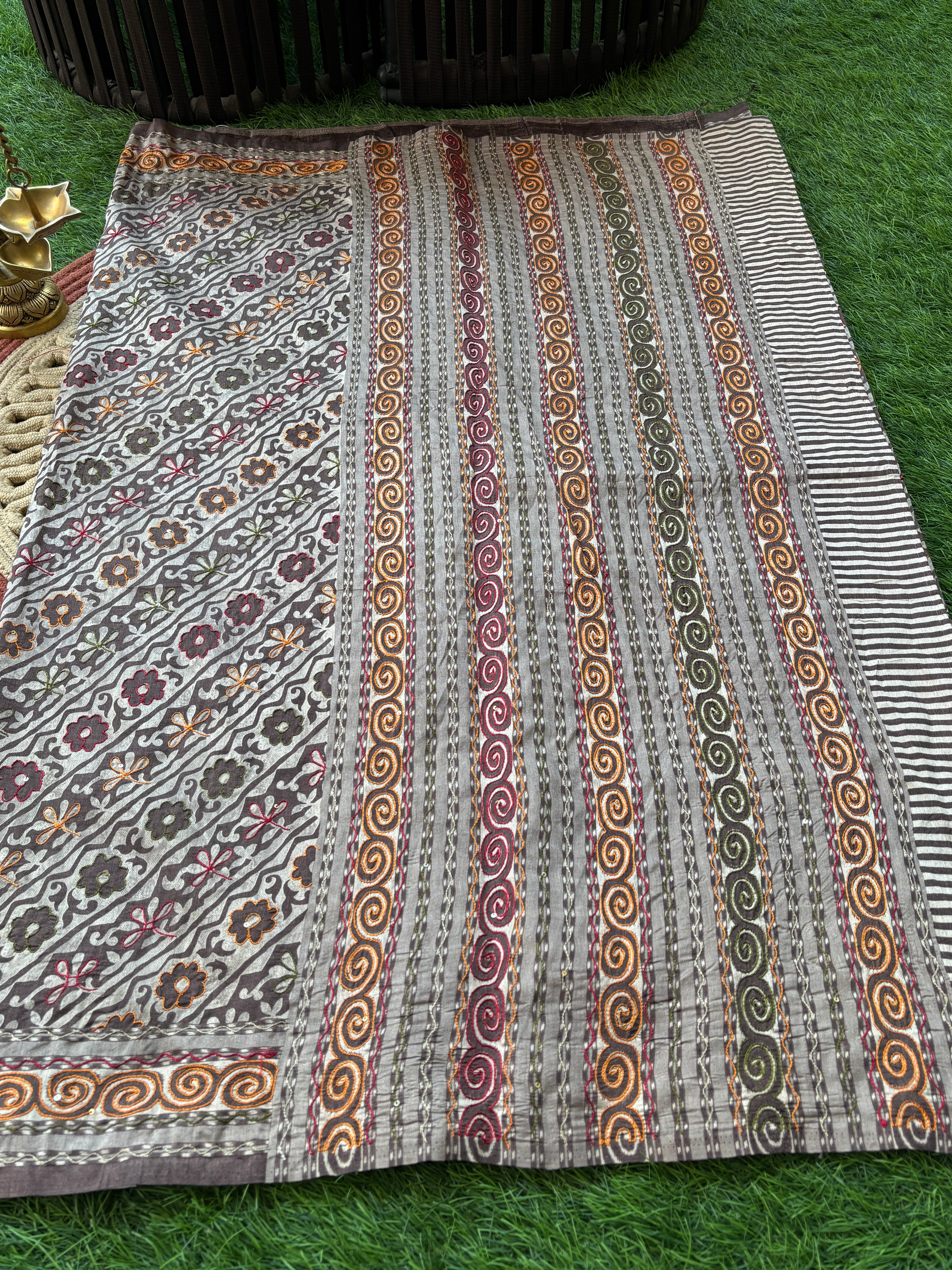 Coffee Brown Mercerized Cotton Saree with Multicolour Thread Weaving | Chandrika Lifestyles