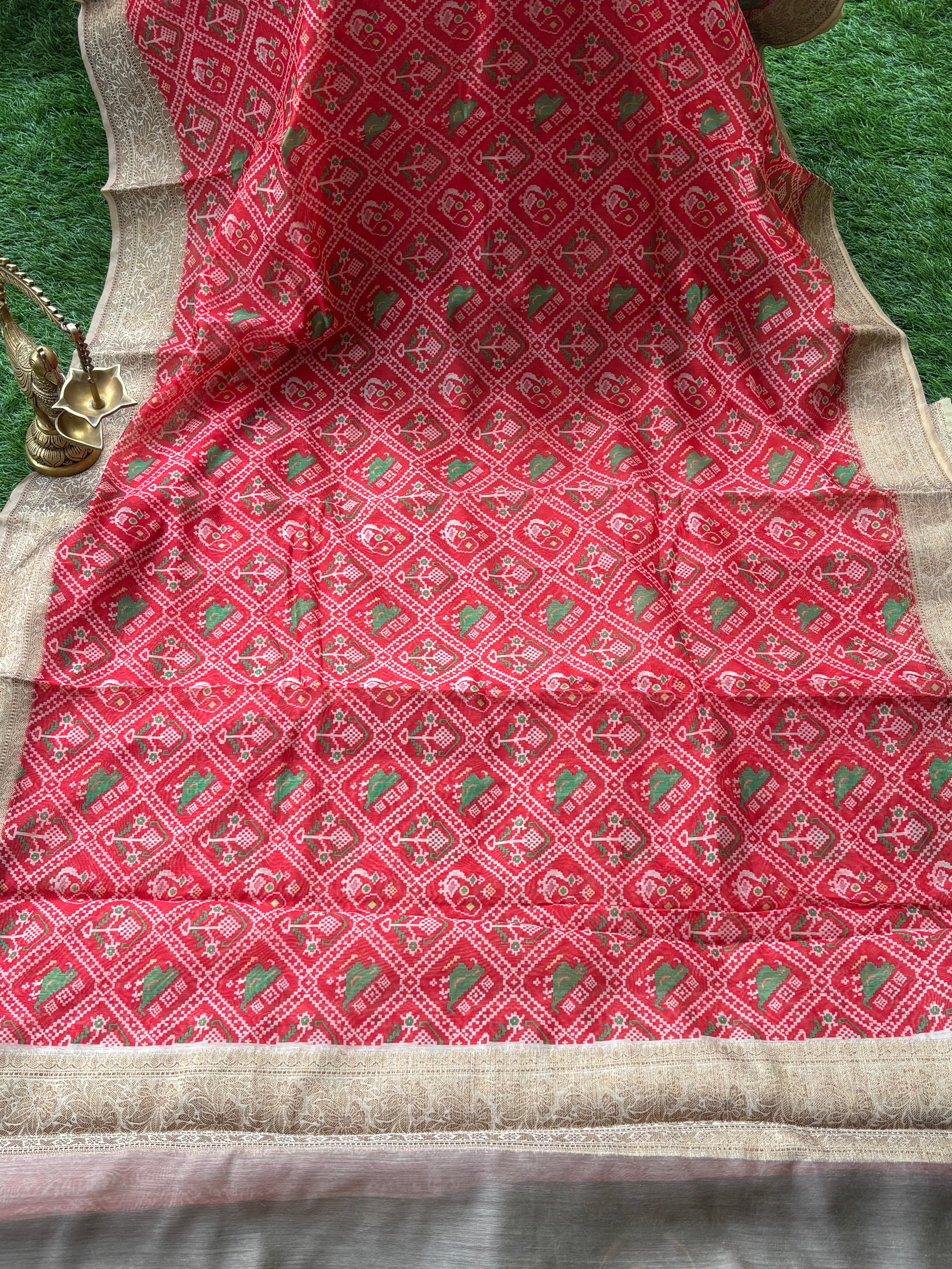 Red Banarasi Mercerised Cotton Saree | Digital Print Saree | Chandrika Lifestyles