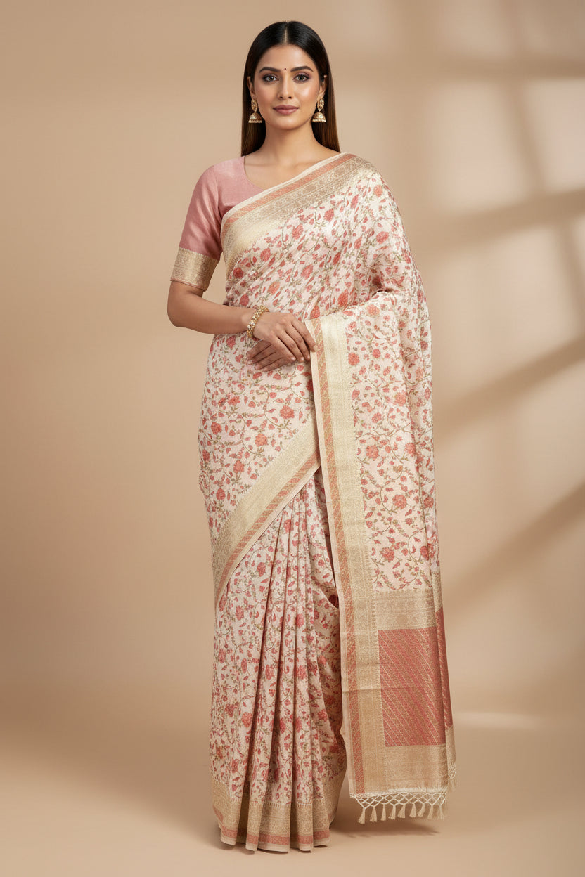 Off-White Banarasi Art Silk Saree with Allover Jaal Weaving | Chandrika Lifestyles