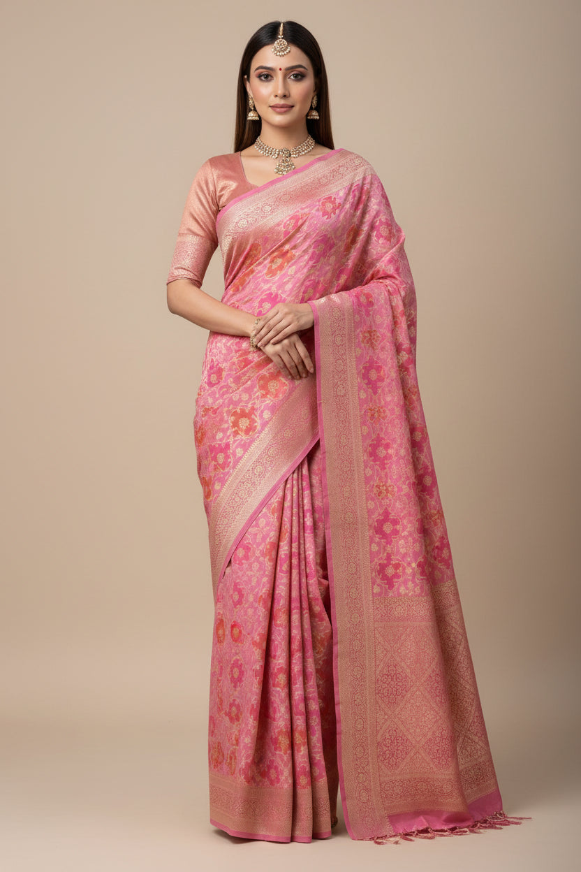 women wearing a Pink banarasi saree