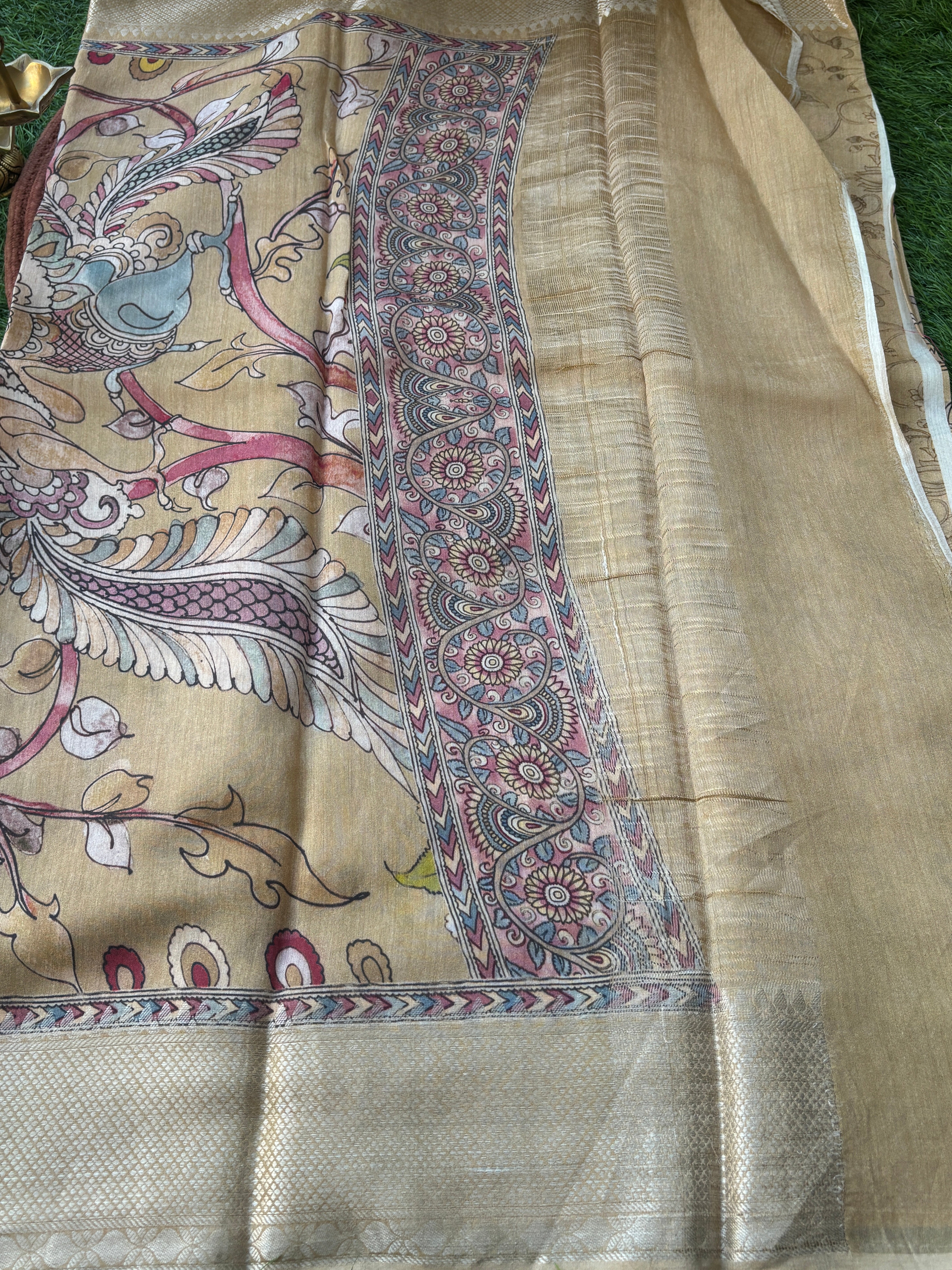 Beige Pure Munga Silk Saree with Digital Kalamkari Print & Zari Woven Pallu