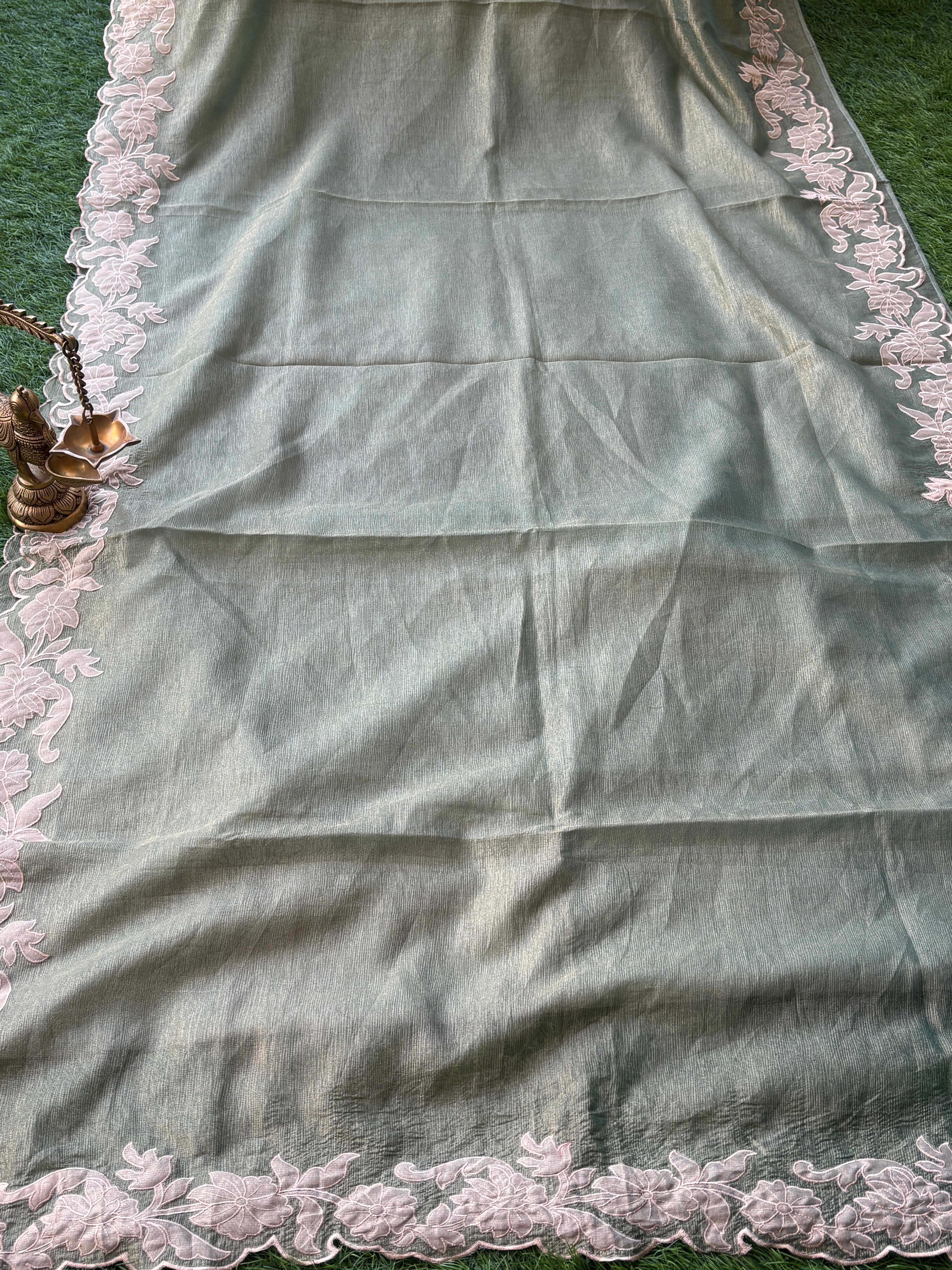 Pista Green Pure Tissue Organza Saree with Applique Border & Cutwork | Chandrika Lifestyles