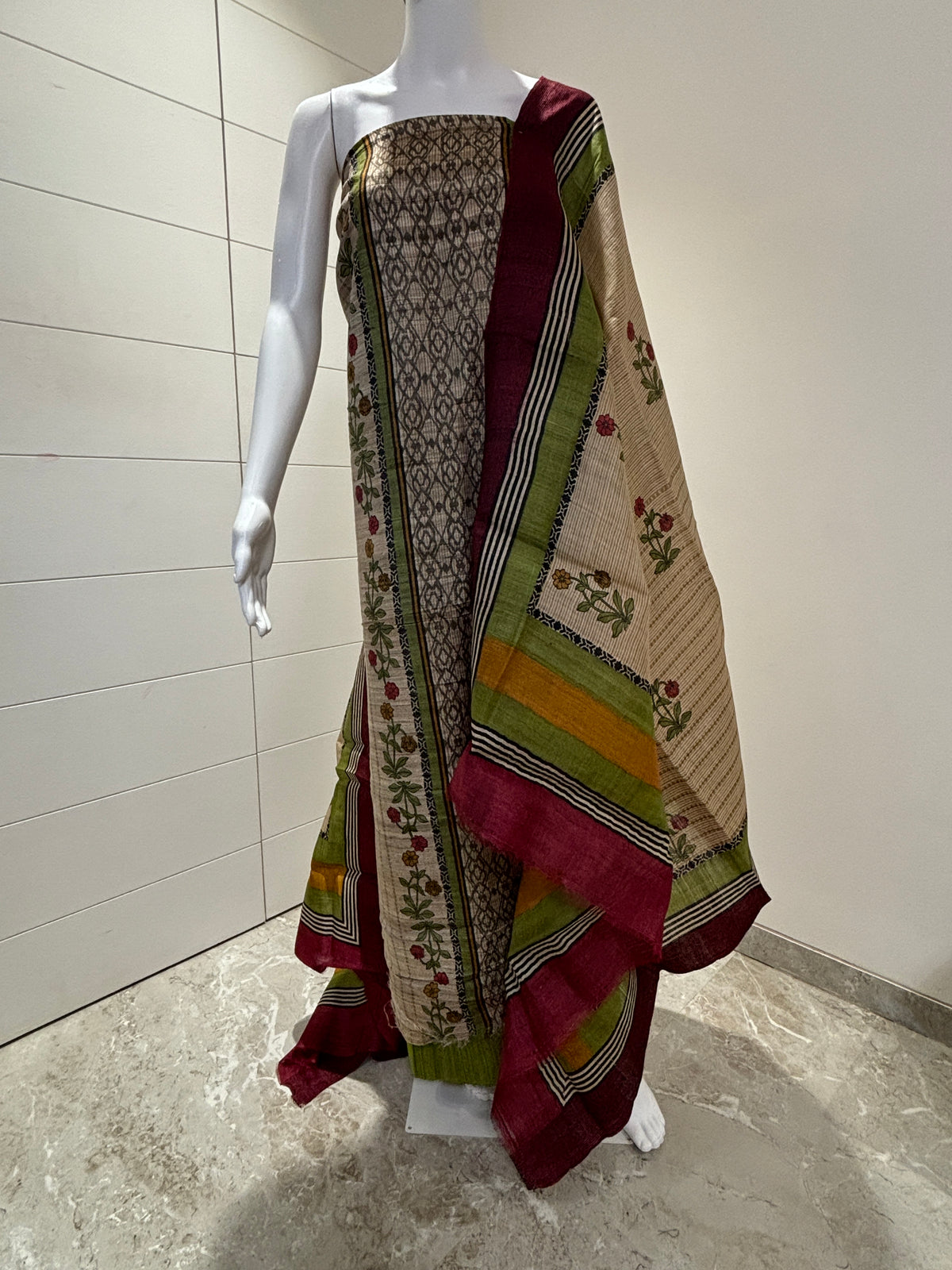 Pure Raw Tussar Silk Digital Printed Suit Material with Multicolour Ethnic Design & Beige-Green-Maroon Shaded Dupatta