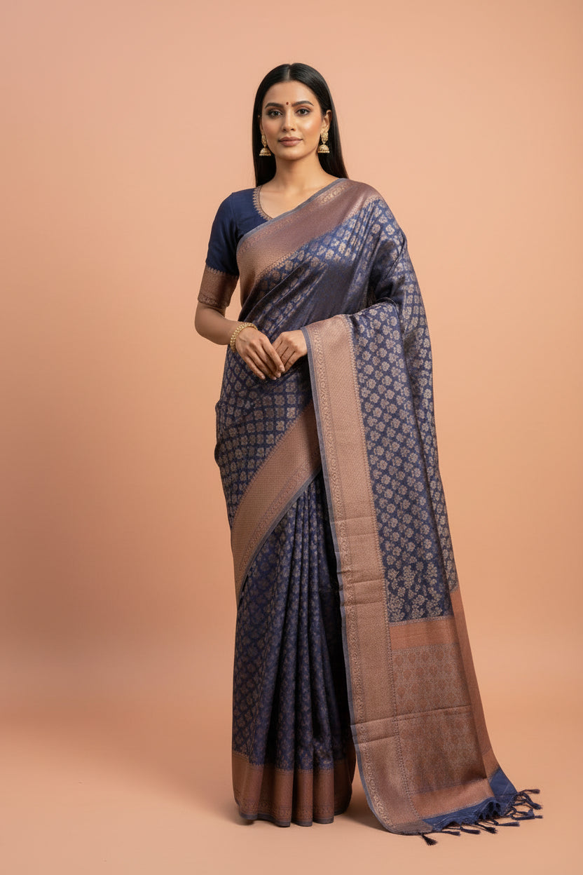 Navy Blue Banarasi Saree with Allover Zari Buttas | Chandrika Lifestyles
