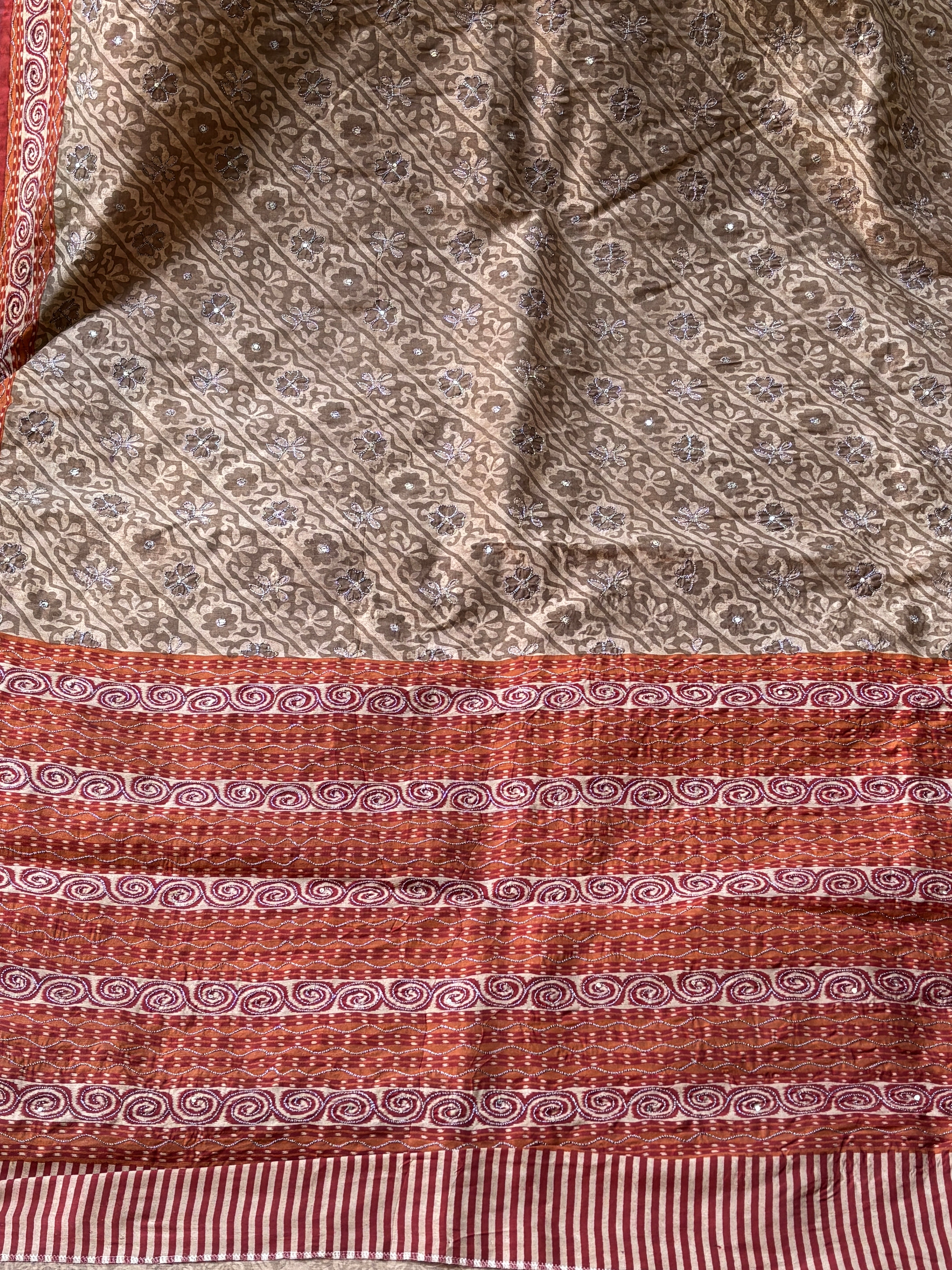 Biscuit Brown Banarasi Mercerised Cotton Saree with Zari Thread Embroidery & Red Border