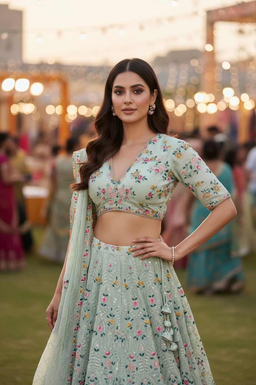 pure georget lahenga , floral multicoloured embriodered, festive wear,fancy