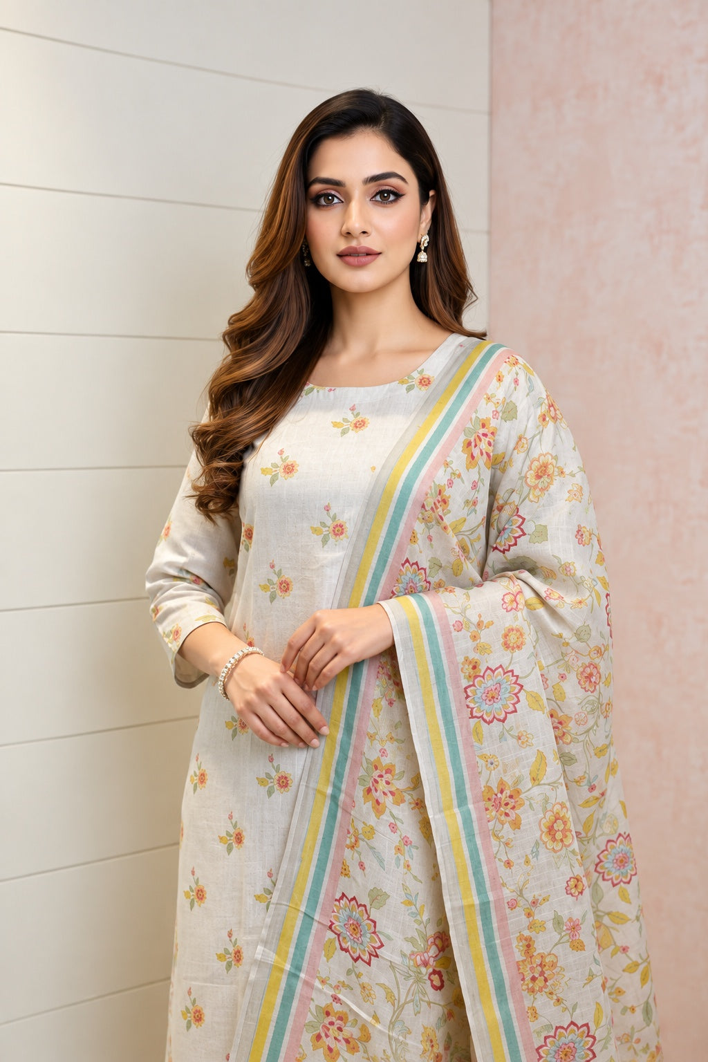 Chandrika Lifestyles | faint Peach Linen Suit – Digital Print