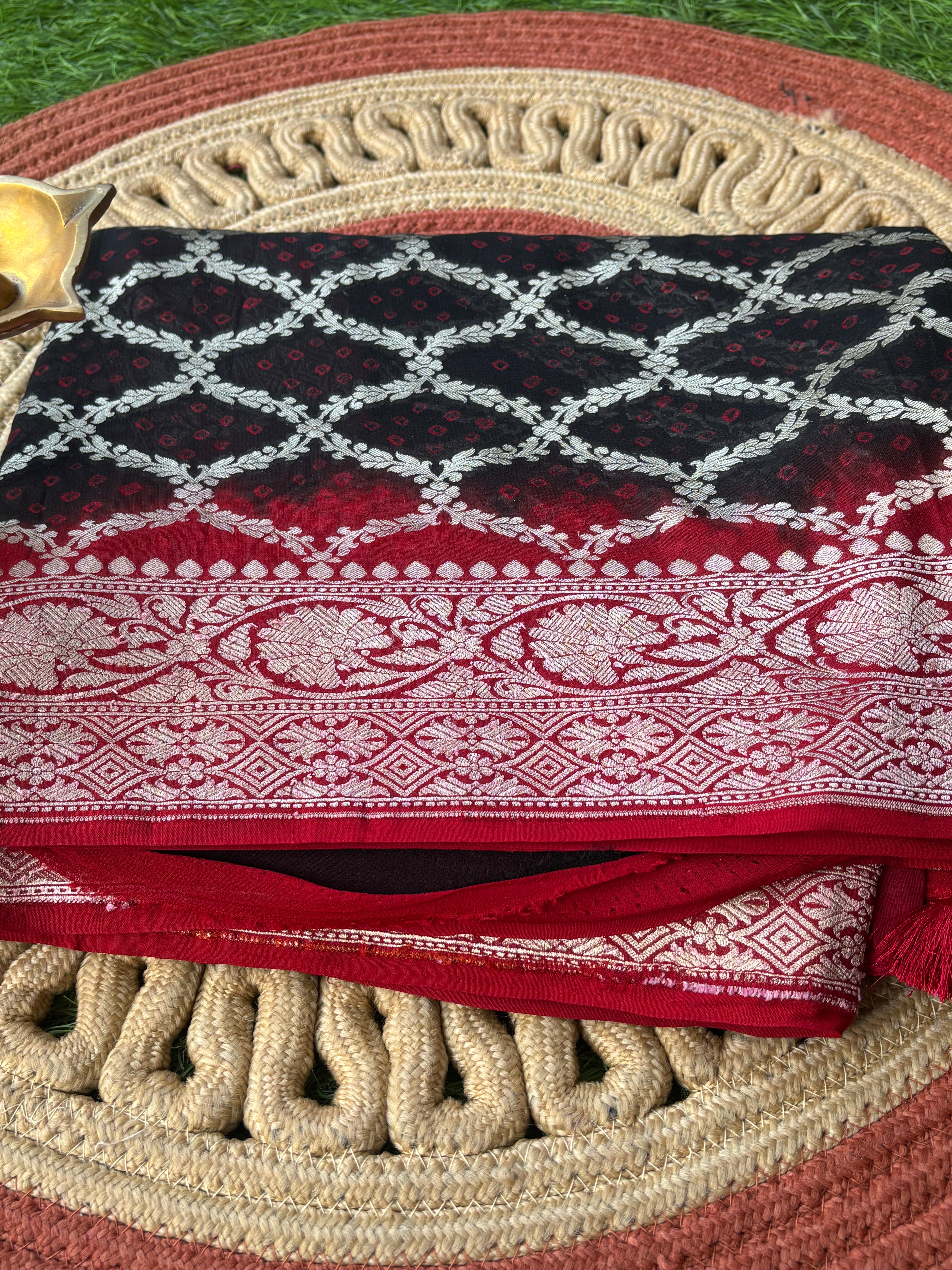Black and maroon pure Khaddi Georgette Banarasi saree with golden zari weaving by Chandrika Lifestyles