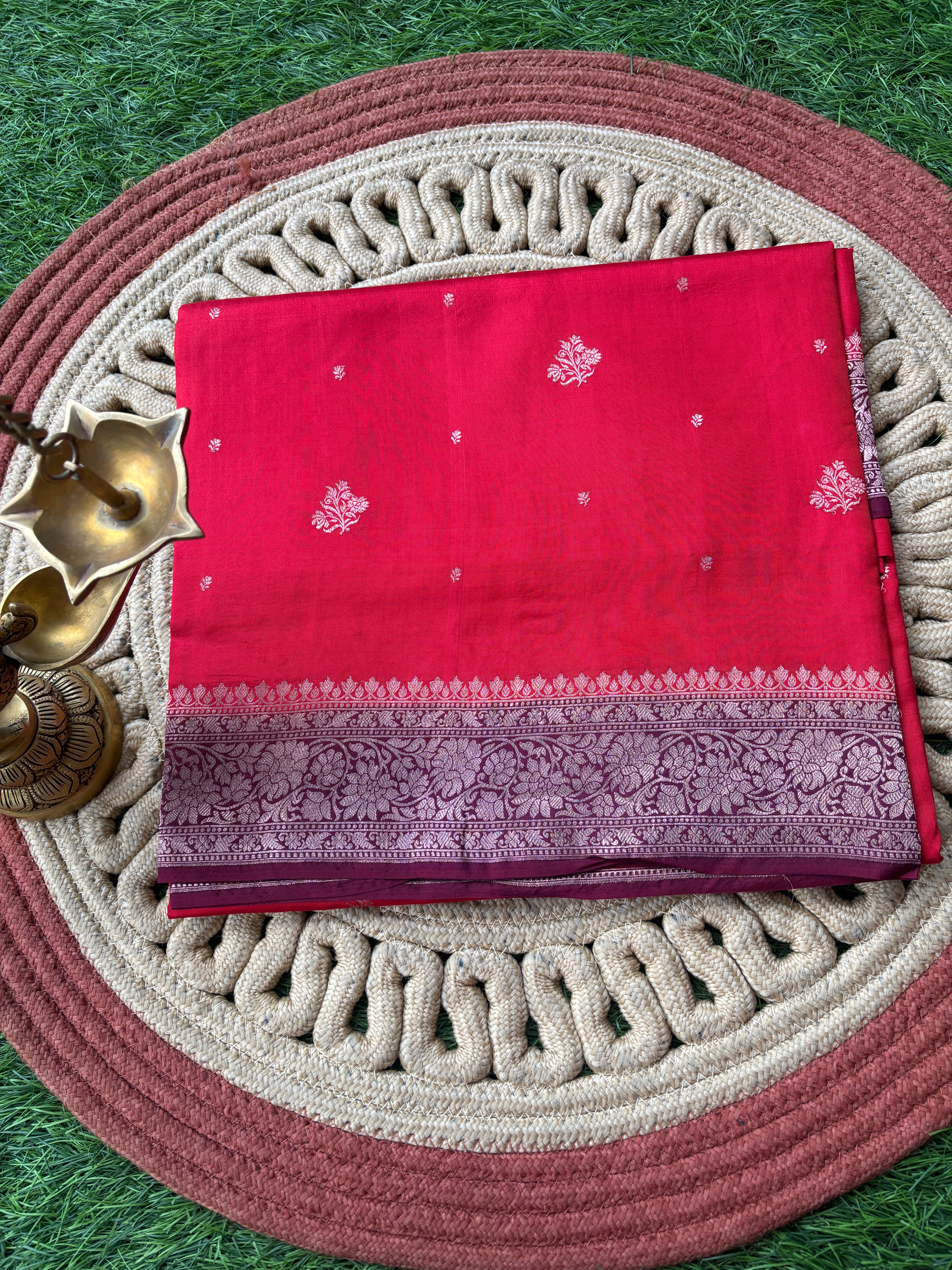 Pure silk Banarasi saree in red and wine combination with gold zari weaving