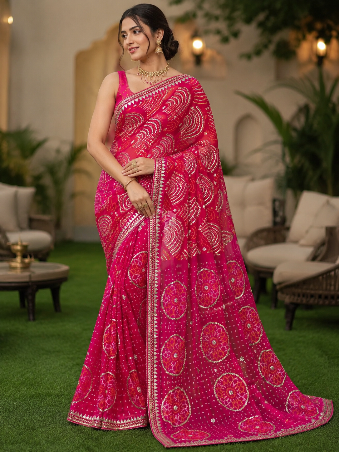 Red Pink Pure Chiffon Bandhej Saree with Boota Patti Border | Chandrika Lifestyles
