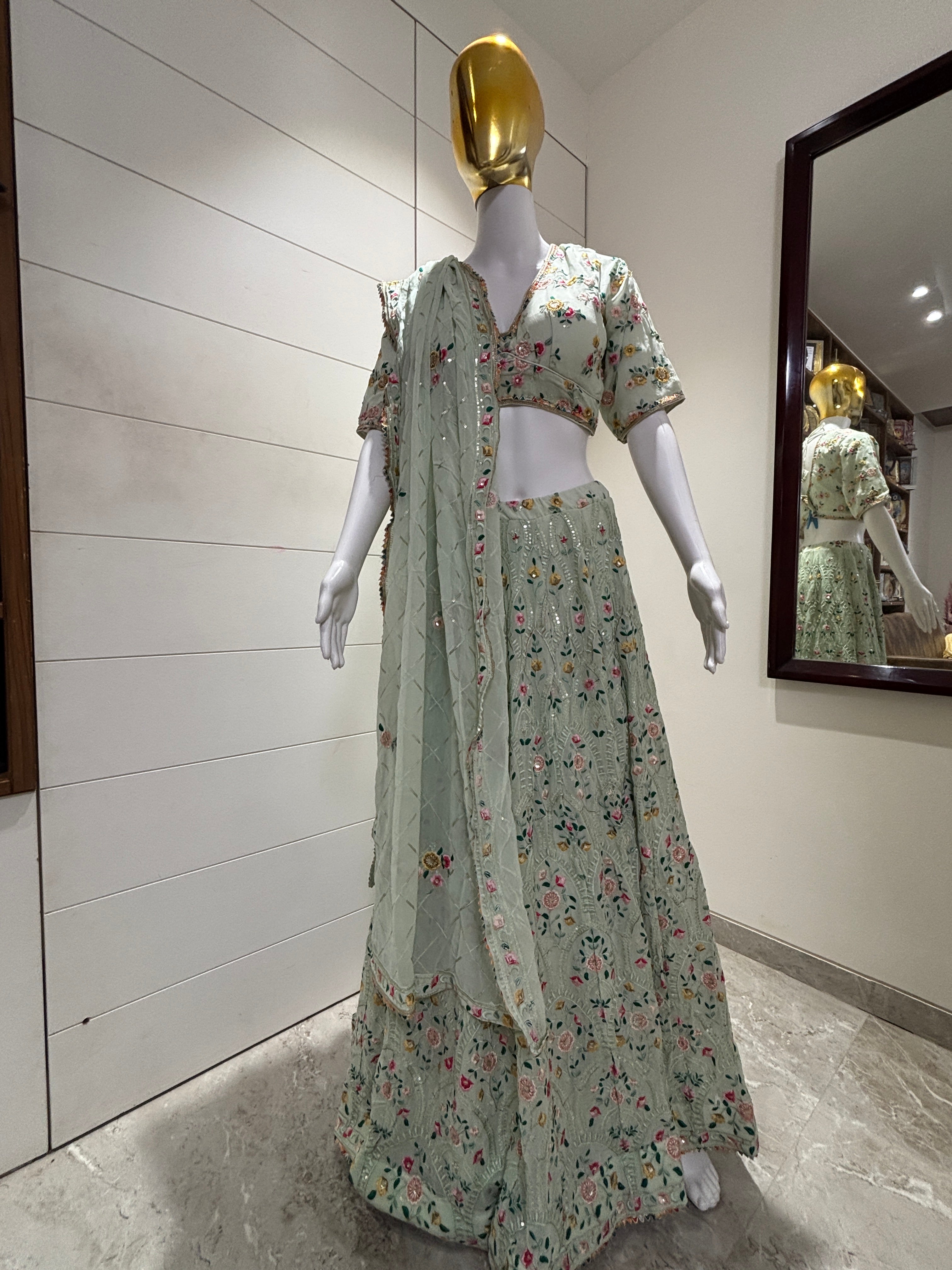 Pista Green Pure Georgette Embroidered Lehenga with Dupatta | Chandrika Lifestyles