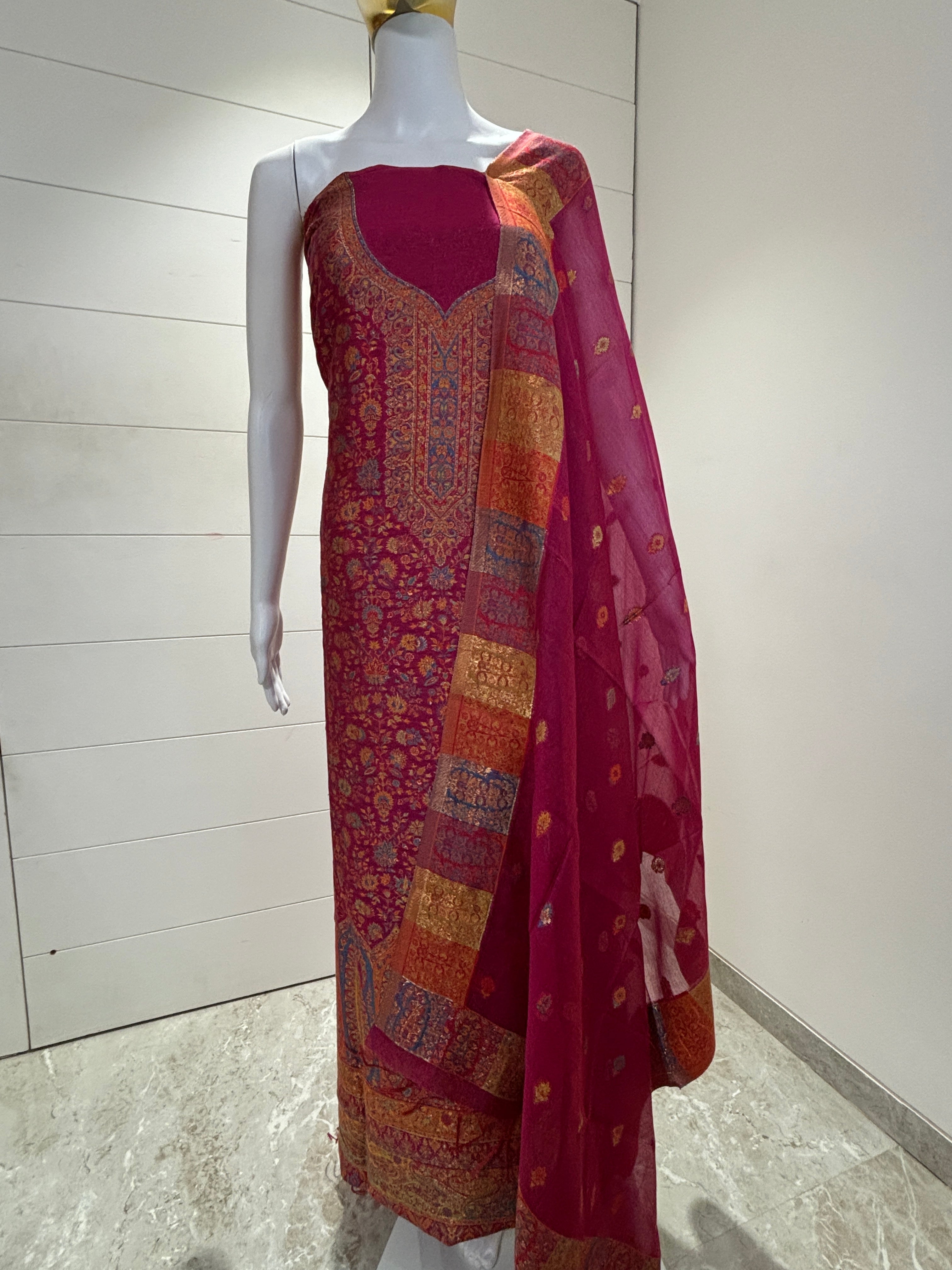 Pure kani Silk Royal Pink Banarasi Suit Material with All Over Meenakari & Meenakari Woven Dupatta. indian wear , Ethnic wear 