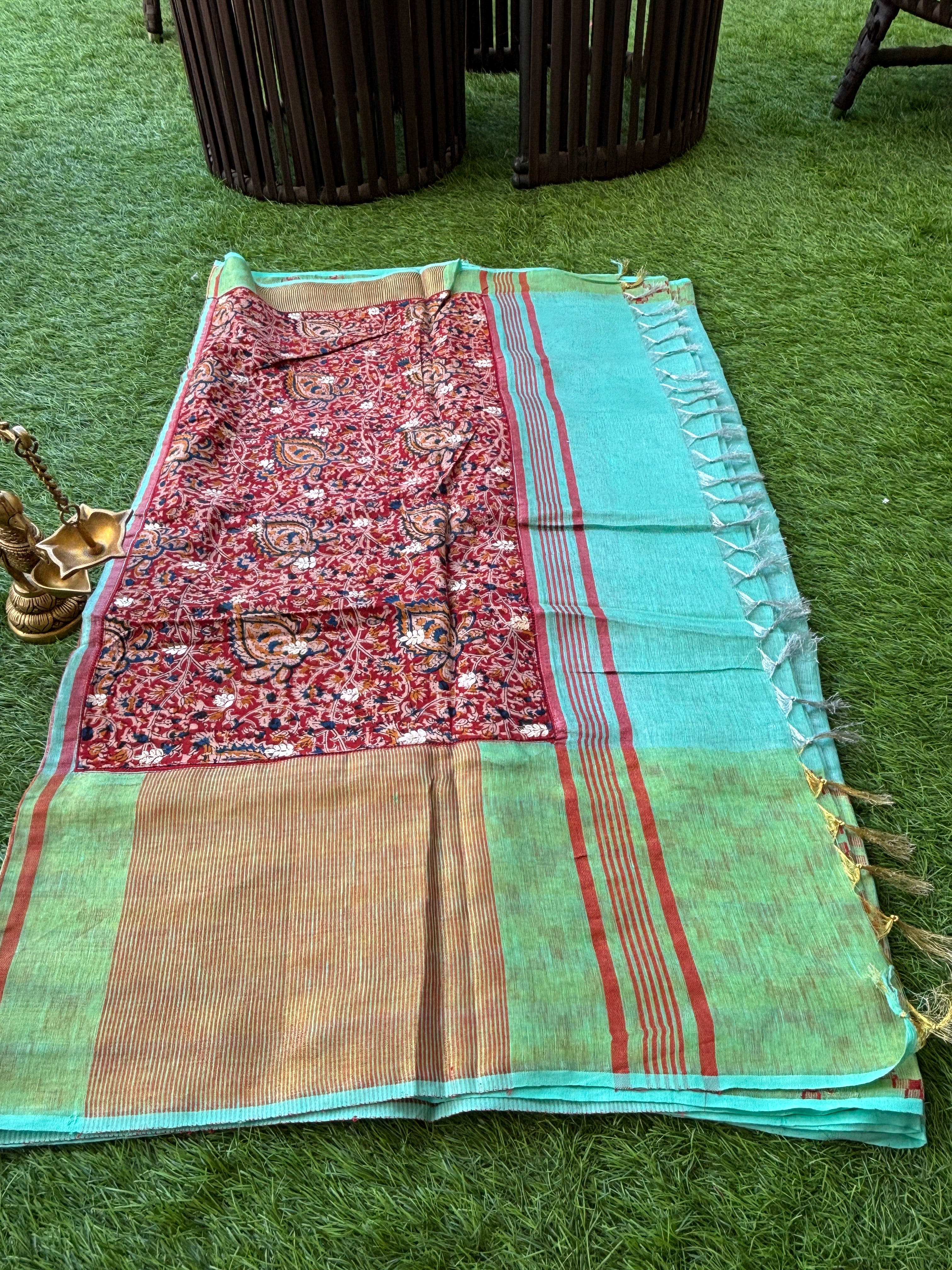 Blue Pure Linen Tissue Saree with Ajrak Pallu & Ready-Made Blouse | Chandrika Lifestyles