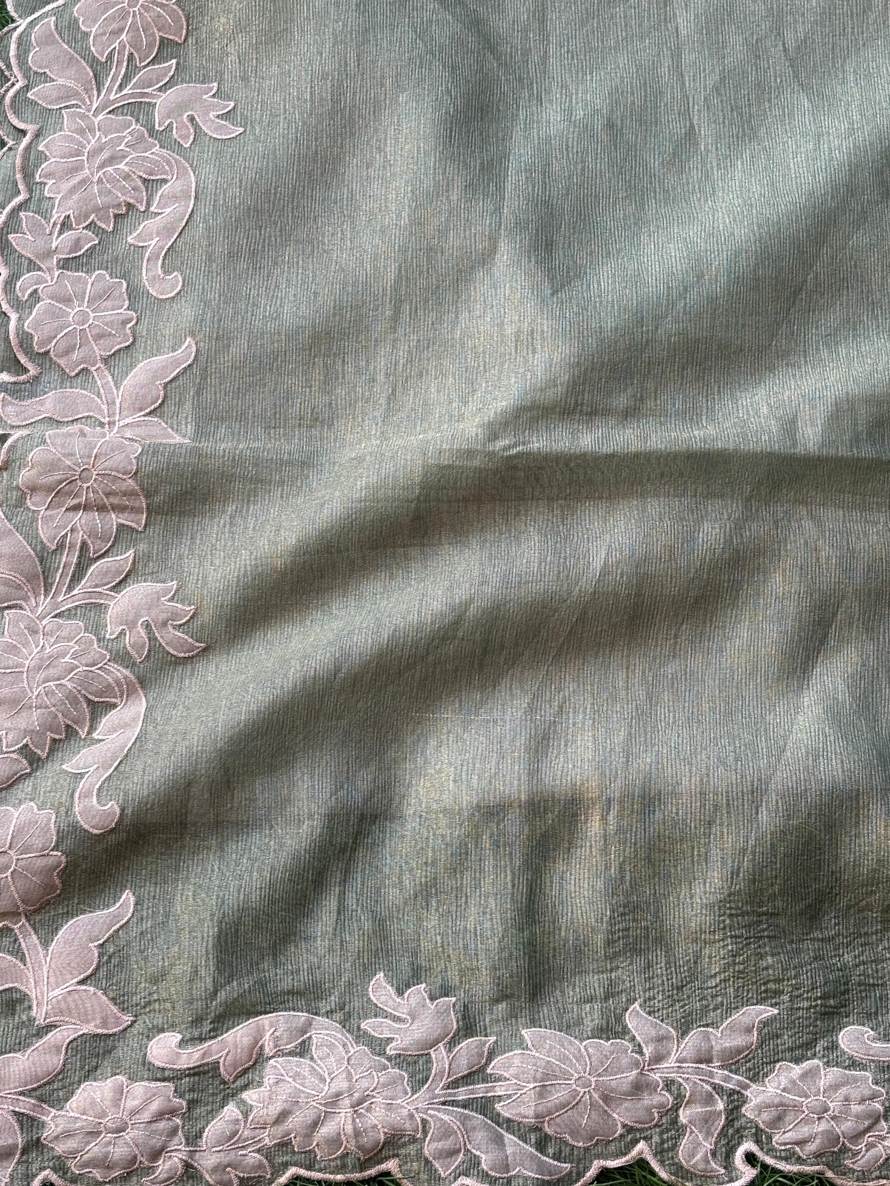 Pista Green Pure Tissue Organza Saree with Applique Border & Cutwork | Chandrika Lifestyles
