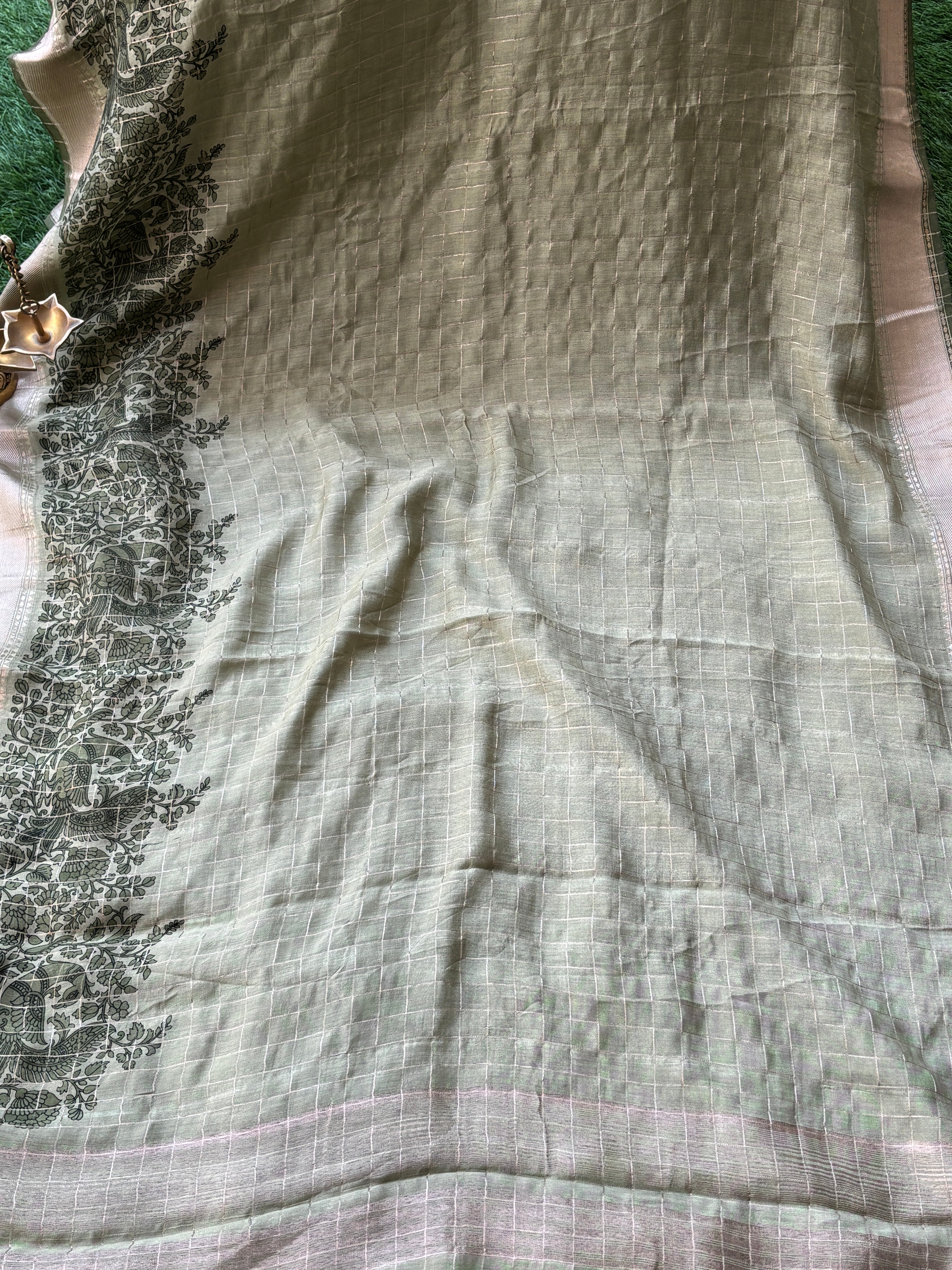 Pastel Pista Banarasi Georgette Saree with Zari Checks and Zari Woven Border